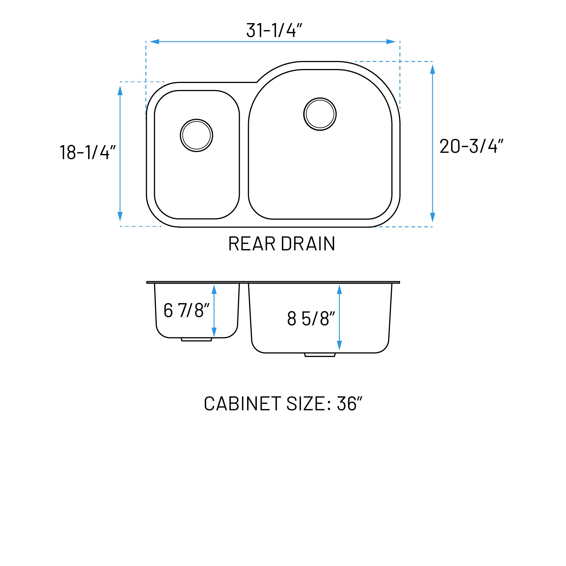 31" Undermount 30/70 Offset Double Bowl Stainless Steel Kitchen Sink, KSN-3121R-9-D