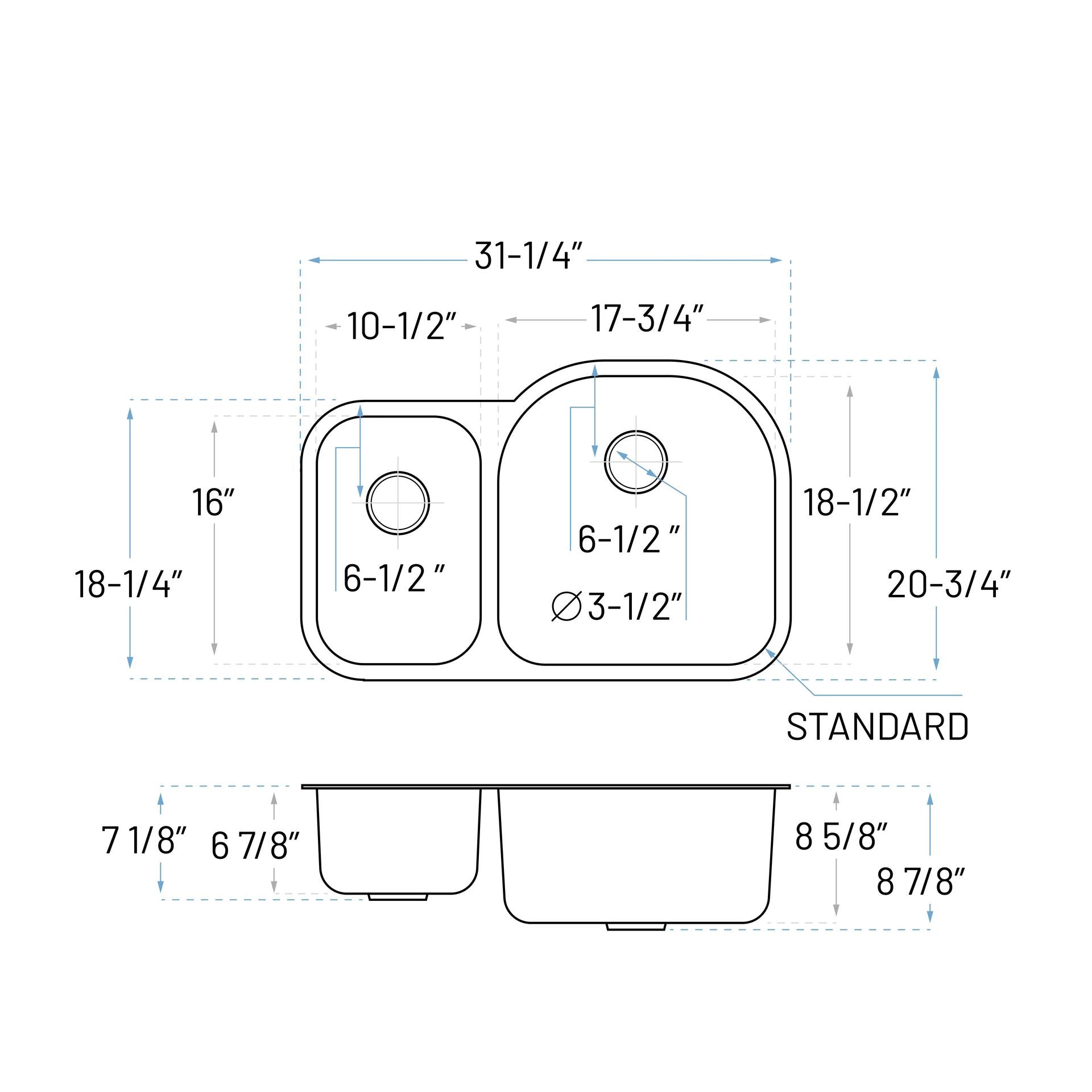 31" Undermount 30/70 Offset Double Bowl Stainless Steel Kitchen Sink, KSN-3121R-9-D
