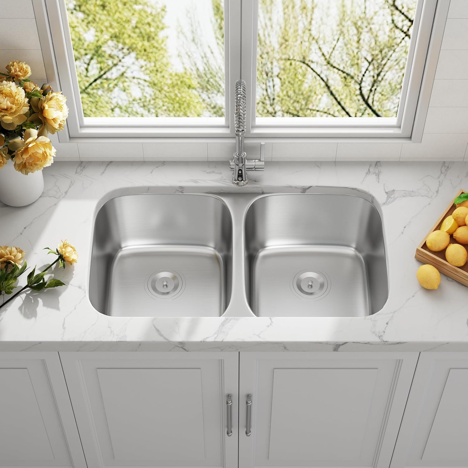 32" Large Undermount Double Bowl Stainless Steel Kitchen Sink, KSN-3218-9-D