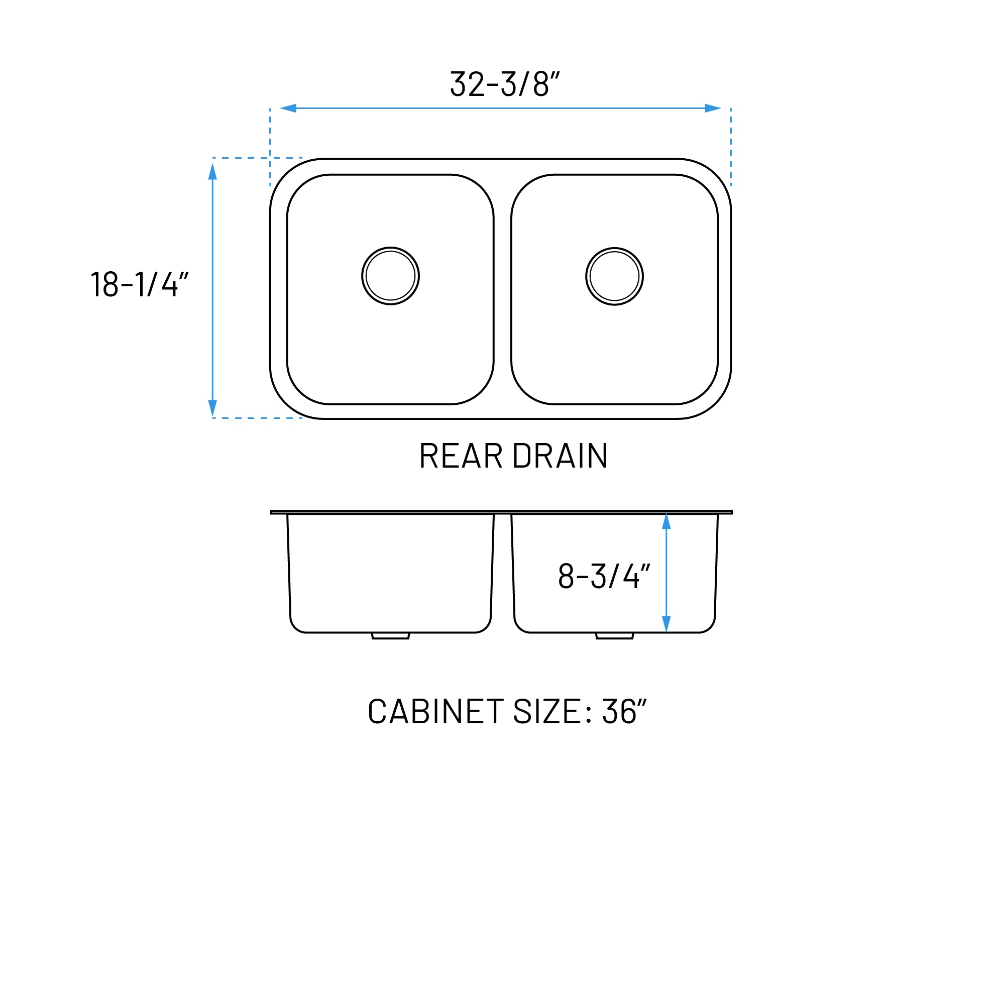 32" Large Undermount Double Bowl Stainless Steel Kitchen Sink, KSN-3218-9-D