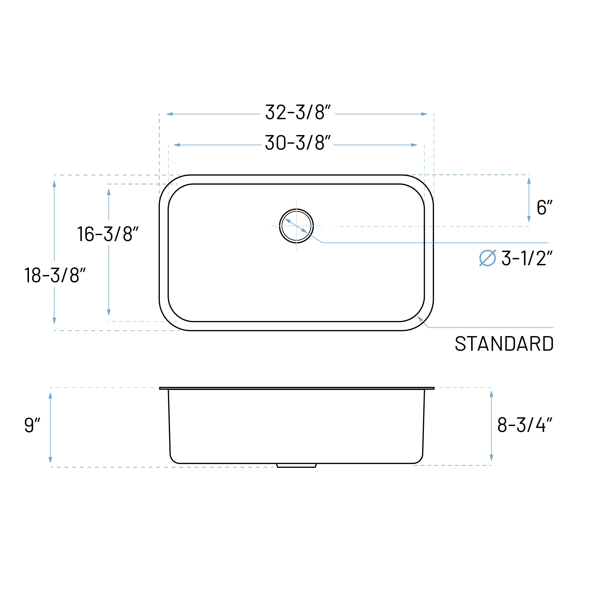 32" Extra-Large Undermount Stainless Steel Single Bowl Kitchen Sink, KSN-3218-9-S