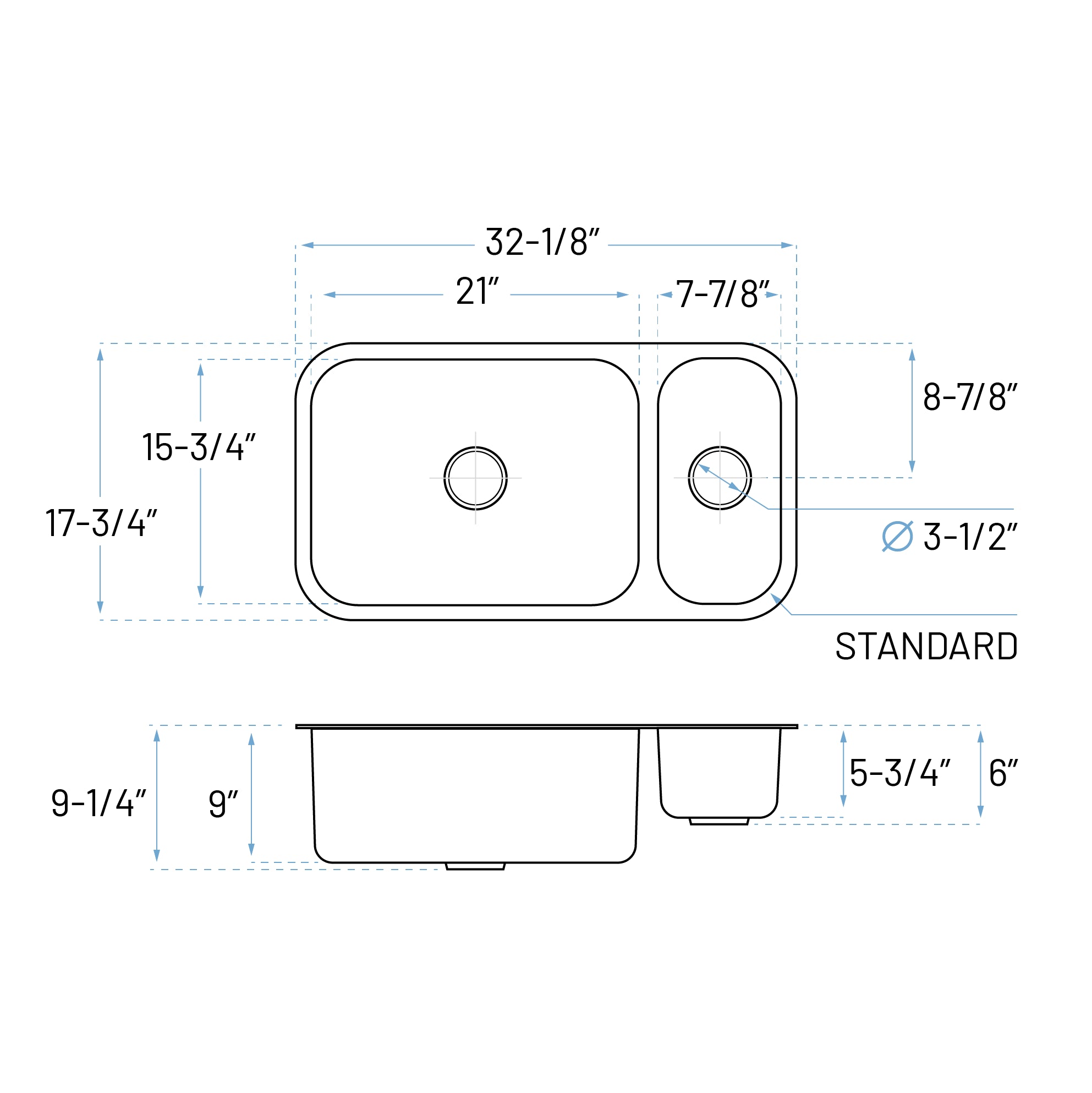 32" Undermount Reversible 80/20 Double Bowl Stainless Steel Kitchen Sink, KSN-3218-D
