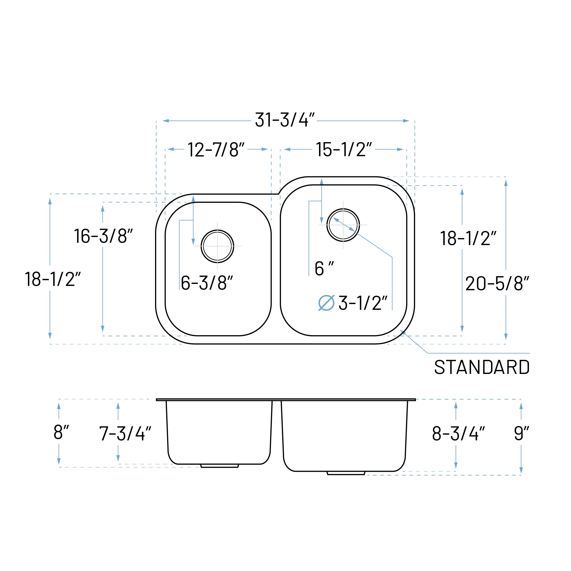 32" Undermount 40/60 Offset Double Bowl Stainless Steel Kitchen Sink, KSN-3221R-9-D