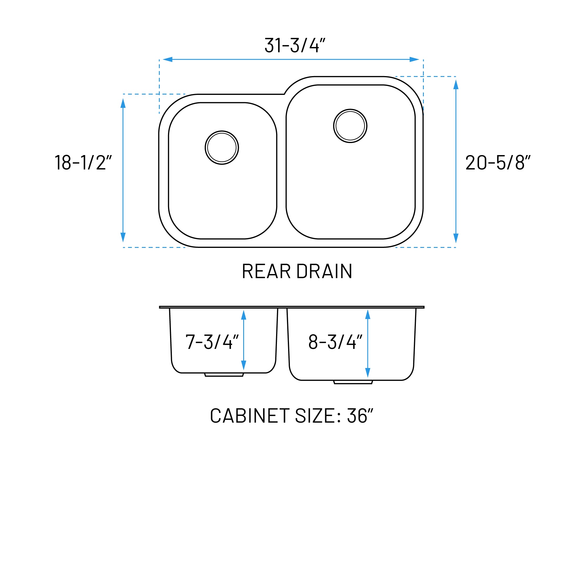 32" Undermount 40/60 Offset Double Bowl Stainless Steel Kitchen Sink, KSN-3221R-9-D
