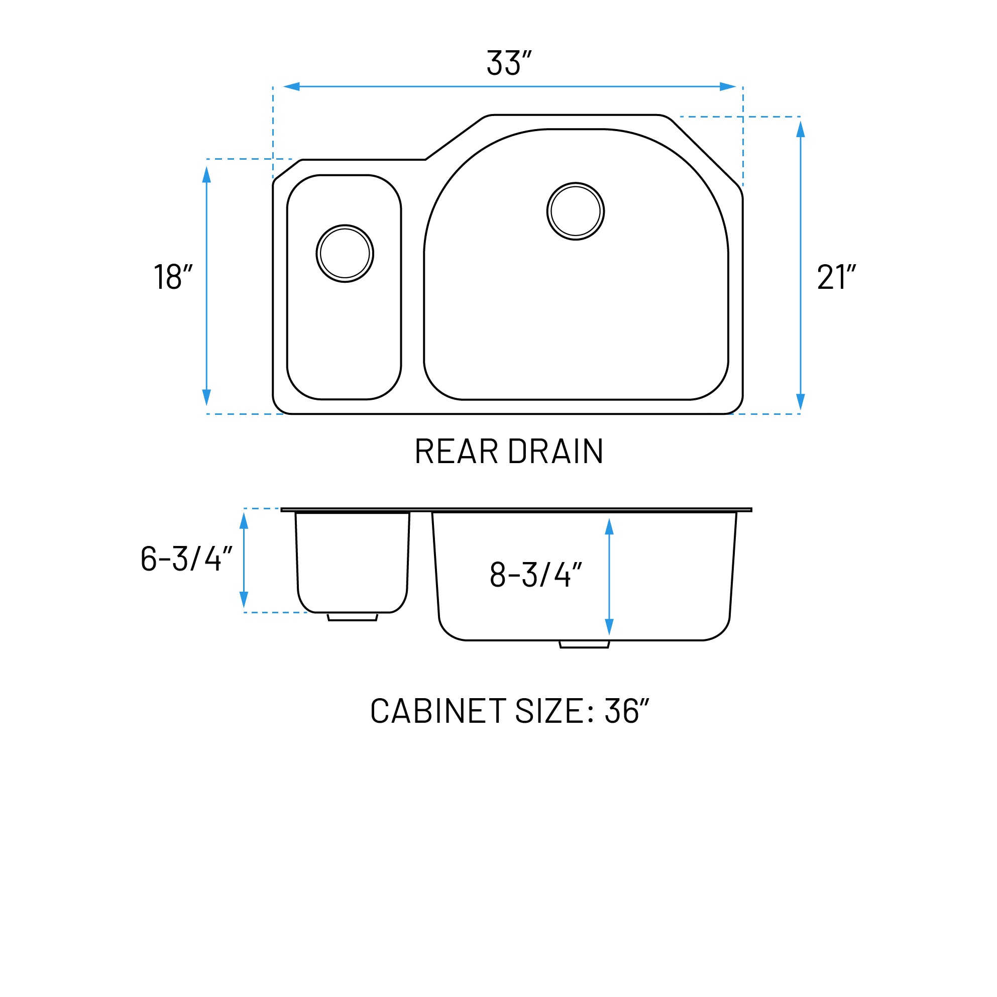 33" Undermount 20/80 Offset Double Bowl Stainless Steel Kitchen Sink, KSN-3321R