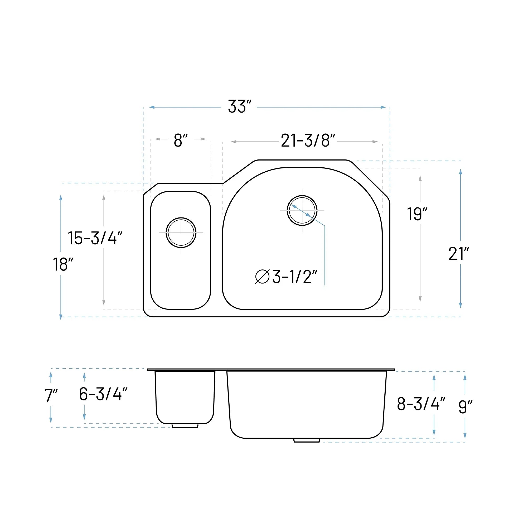 33" Undermount 20/80 Offset Double Bowl Stainless Steel Kitchen Sink, KSN-3321R