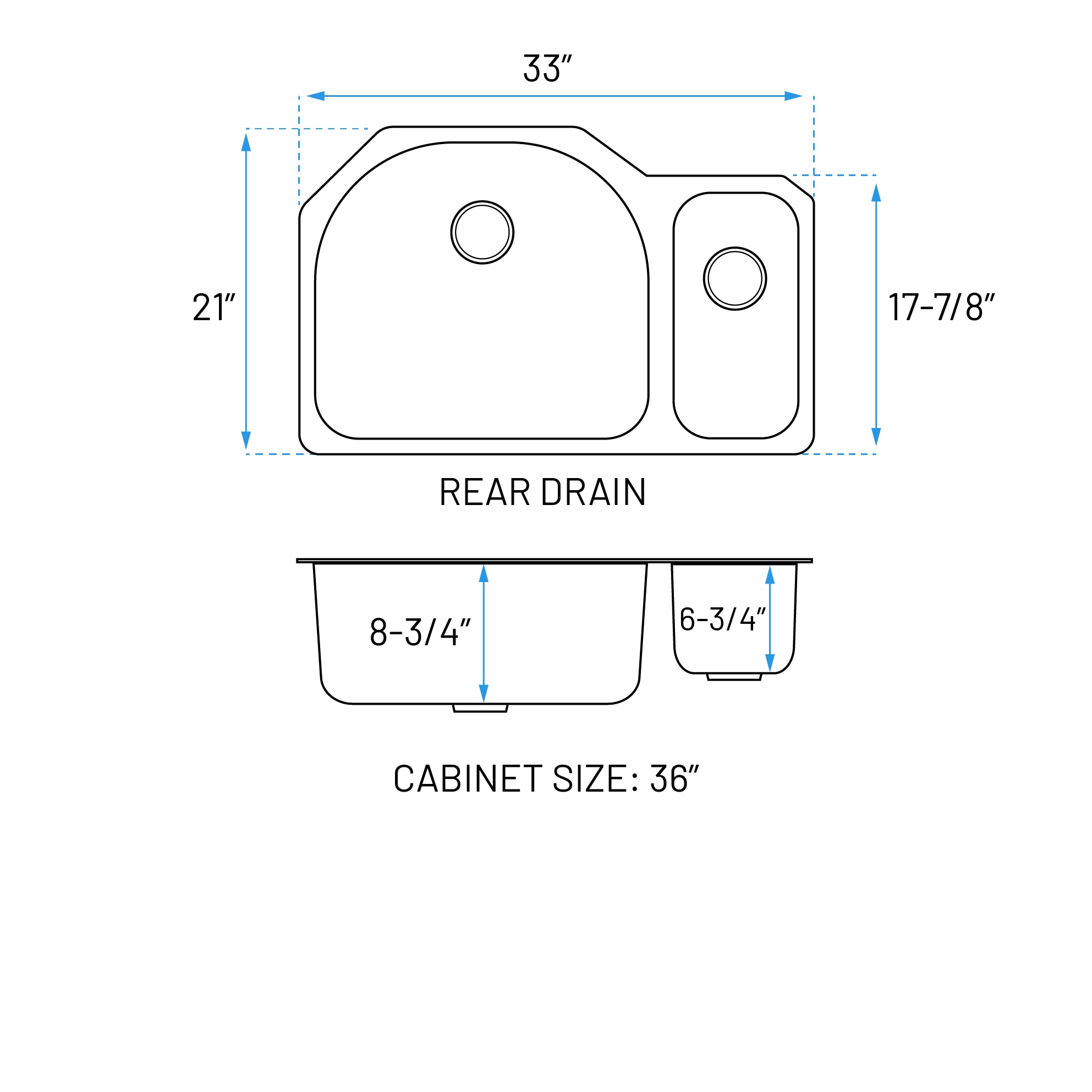 33" Undermount 80/20 Offset Double Bowl Stainless Steel Kitchen Sink, KSN-3321