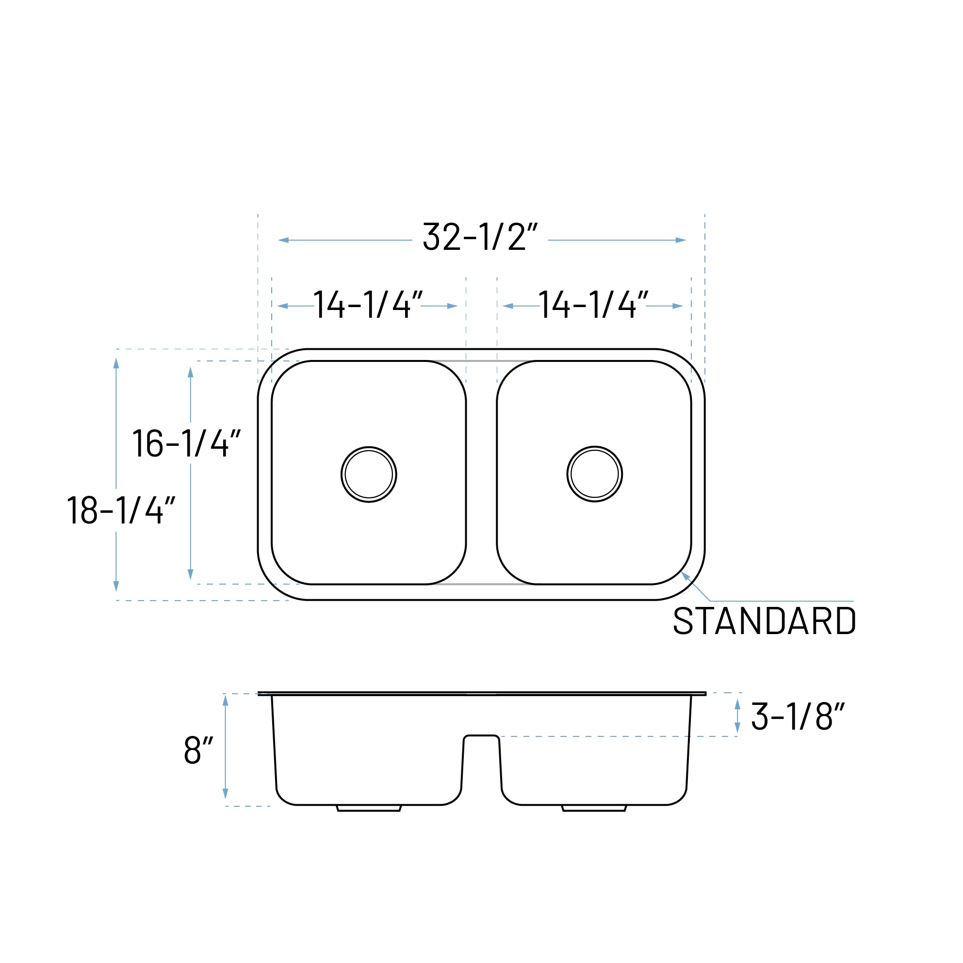 Technical Drawing of a Low Divide Double Bowl Kitchen Sink