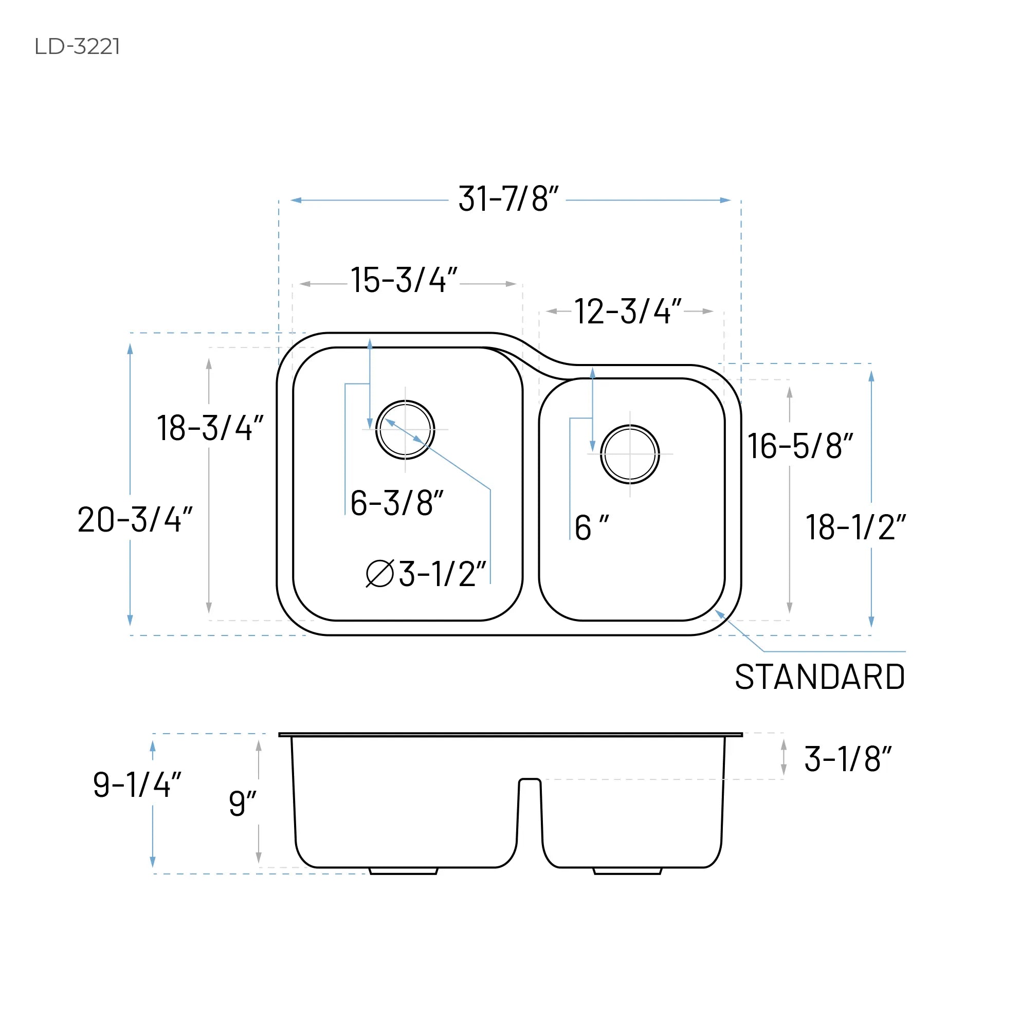 32" Low Divide Offset Undermount Stainless Steel Double Bowl Kitchen Sink, LD-3221
