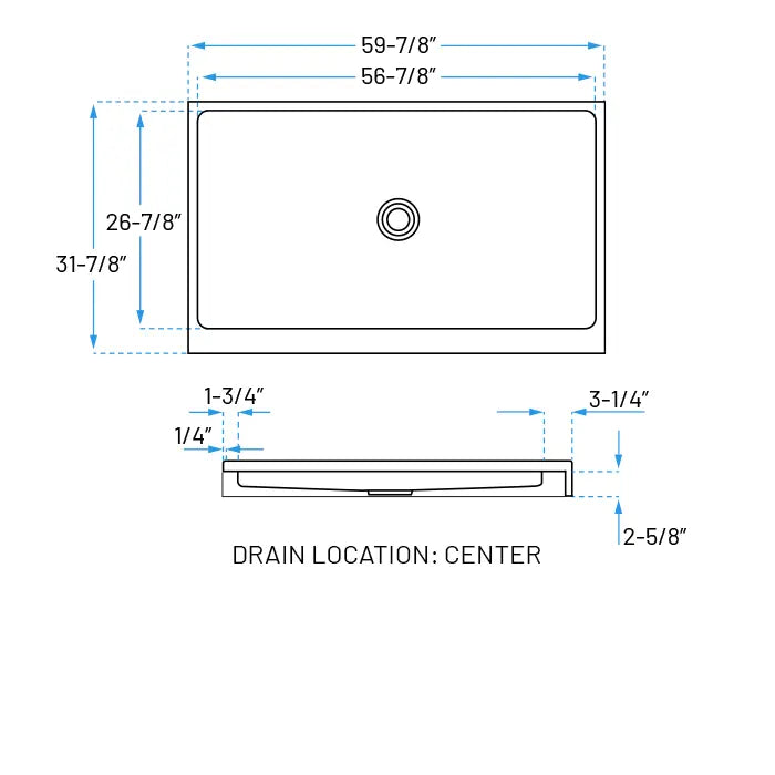 60" x 32" Rectangular Acrylic Shower Base, SP-6032-10