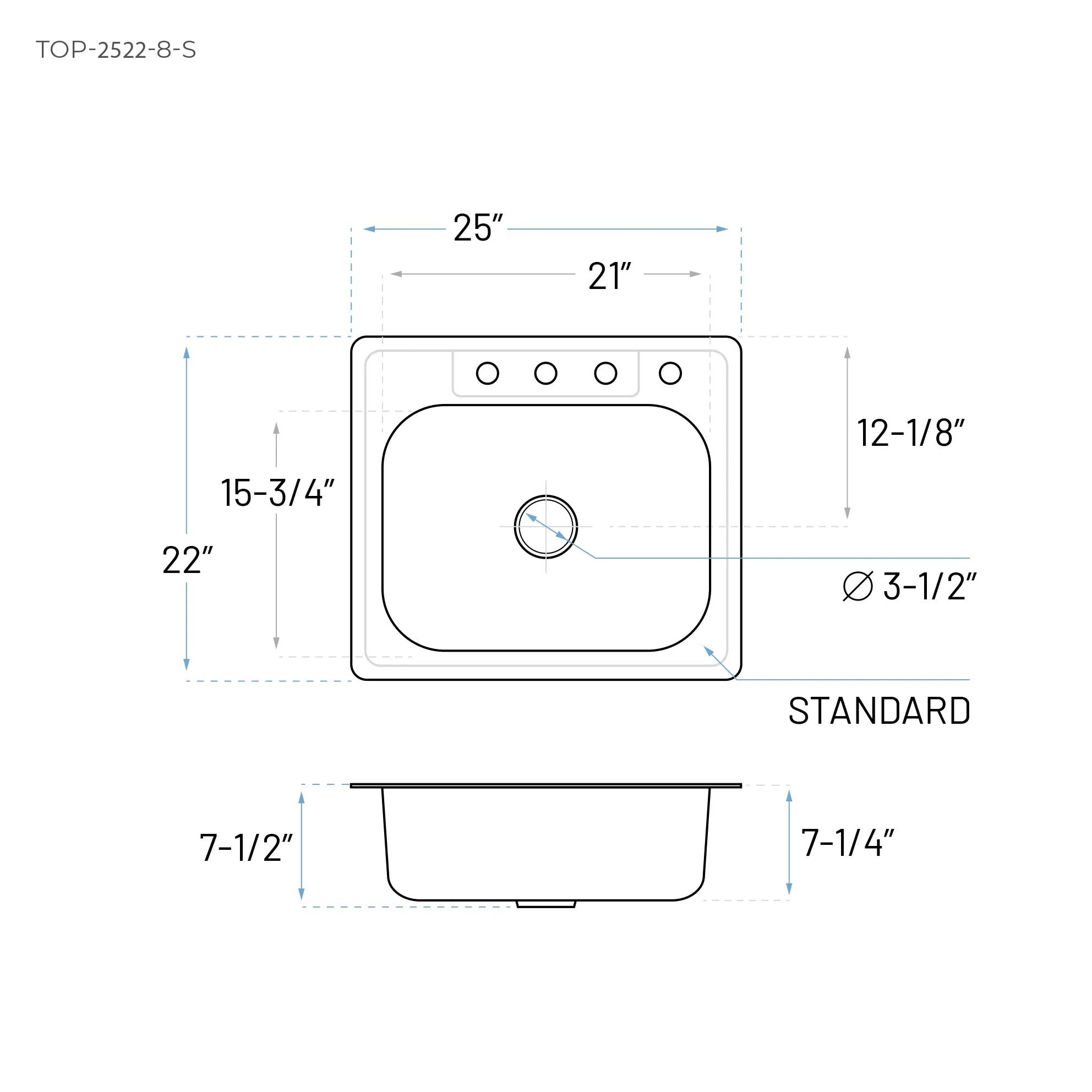 25" Top Mount Stainless Steel 4-Hole Single Bowl Kitchen Sink, TOP-2522-8-S 22G