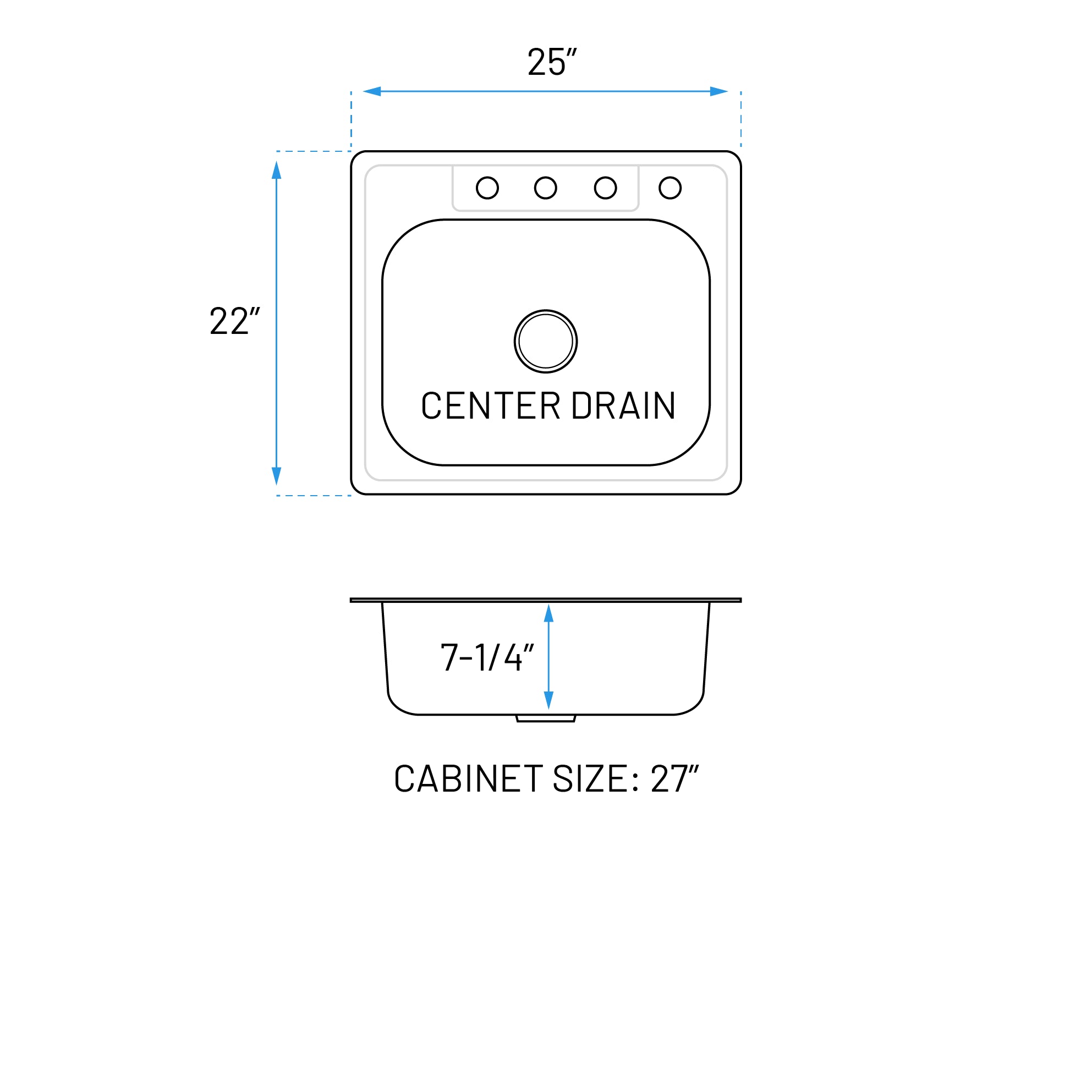 25" Top Mount Stainless Steel 4-Hole Single Bowl Kitchen Sink, TOP-2522-8-S 22G