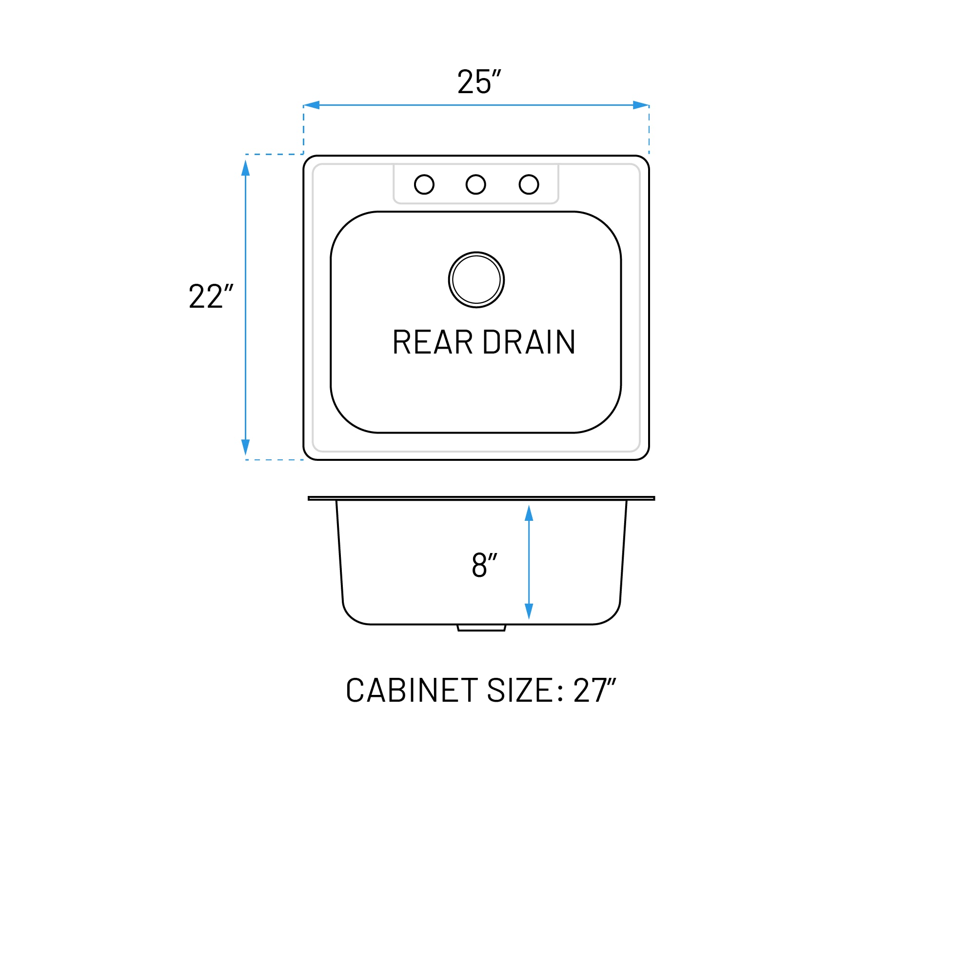 25" Top Mount Stainless Steel 3-Hole Single Bowl Kitchen Sink, TOP-2522-8-S