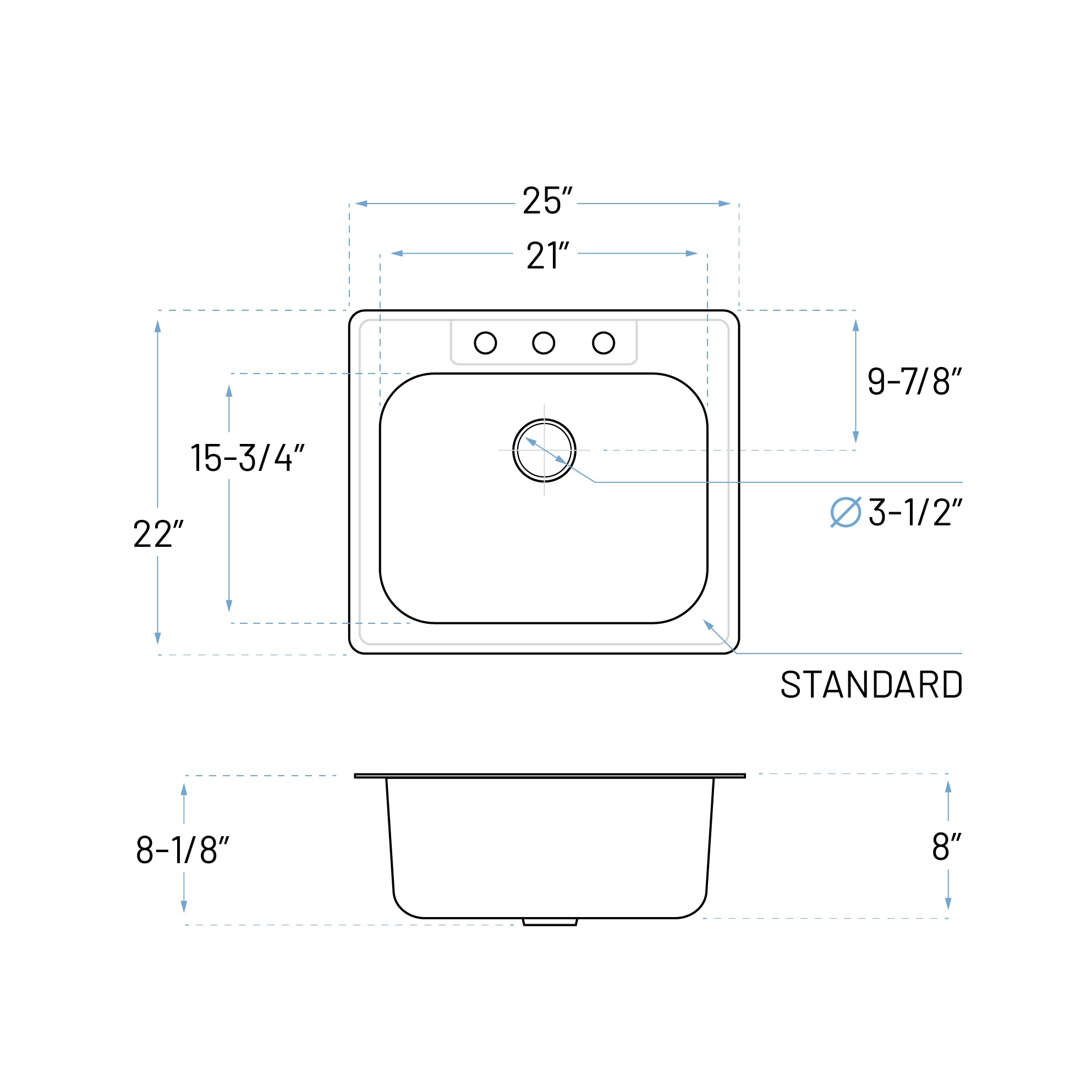 25" Top Mount Stainless Steel 3-Hole Single Bowl Kitchen Sink, TOP-2522-8-S