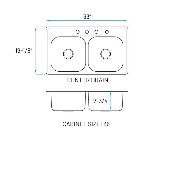 33" x 19" Narrow Top Mount Double Bowl 4-Hole Stainless Steel Kitchen Sink, TOP-3319-8-D