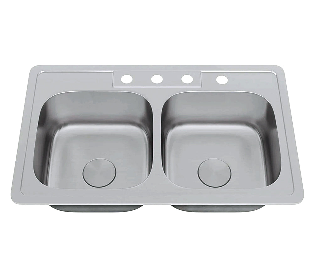 33" x 19" Narrow Top Mount Double Bowl 4-Hole Stainless Steel Kitchen Sink, TOP-3319-8-D
