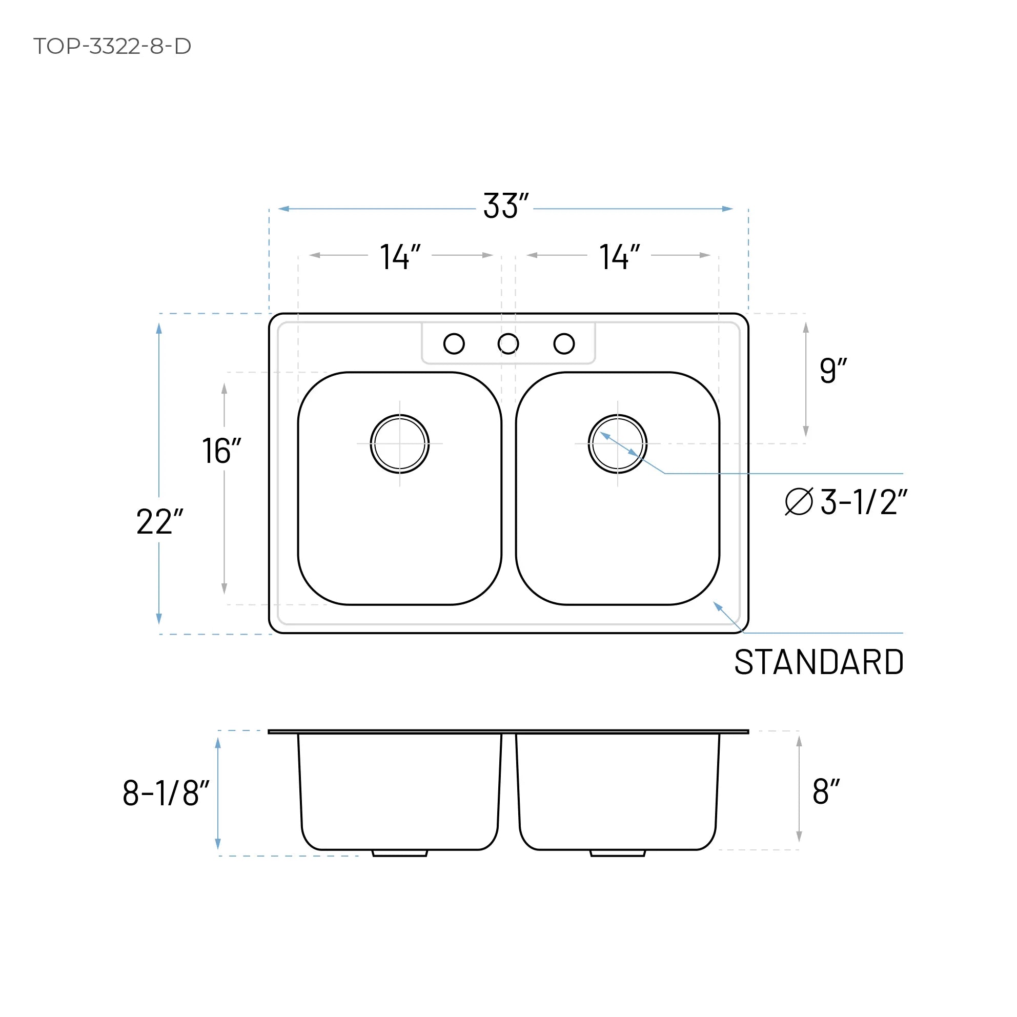 33" x 22" Top Mount 50/50 Double Bowl Stainless Steel 3-Hole Kitchen Sink, TOP-3322-8-D