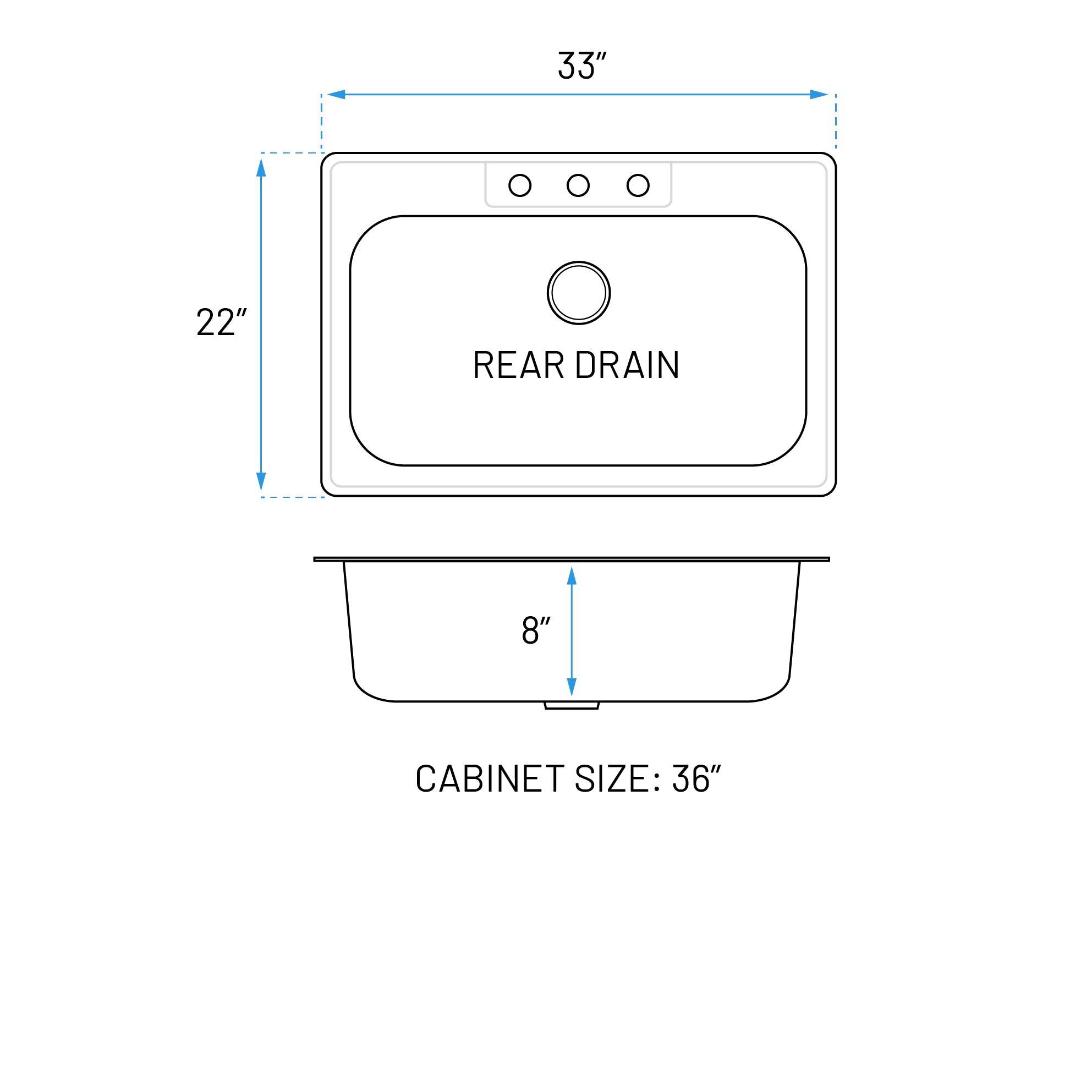 33" Top Mount Stainless Steel 3-Hole Single Bowl Kitchen Sink, TOP-3322-8-S