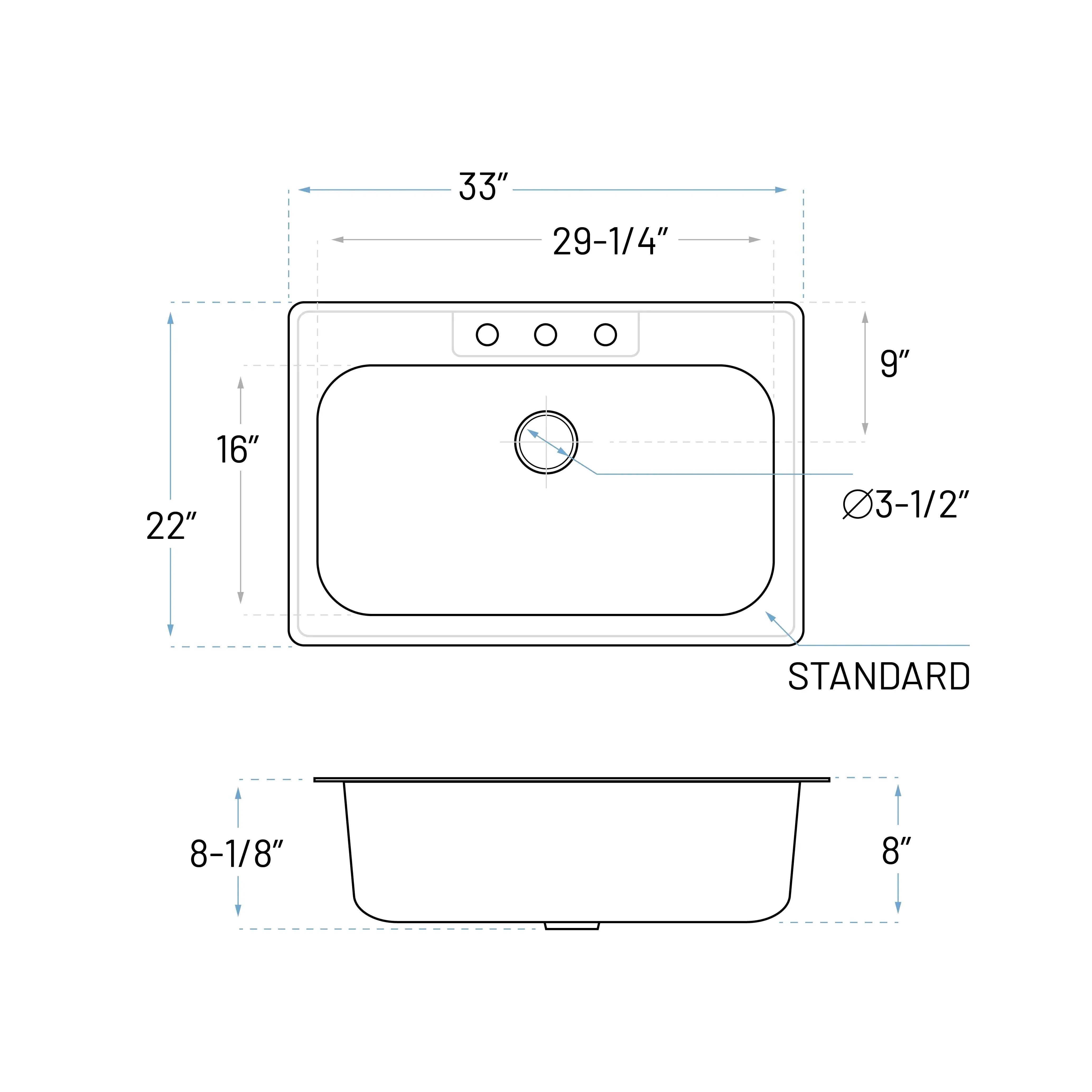 33" Top Mount Stainless Steel 3-Hole Single Bowl Kitchen Sink, TOP-3322-8-S