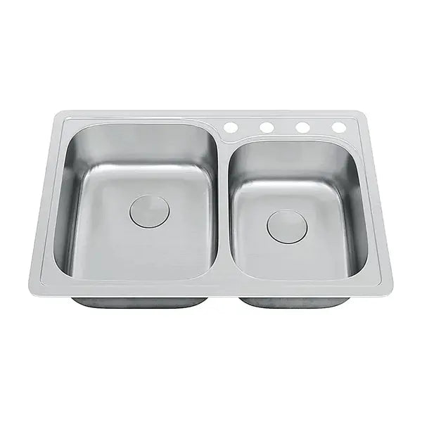 33" Top Mount Offset Double Bowl 4-Hole Stainless Steel Kitchen Sink, TOP-3322-9-D-22G