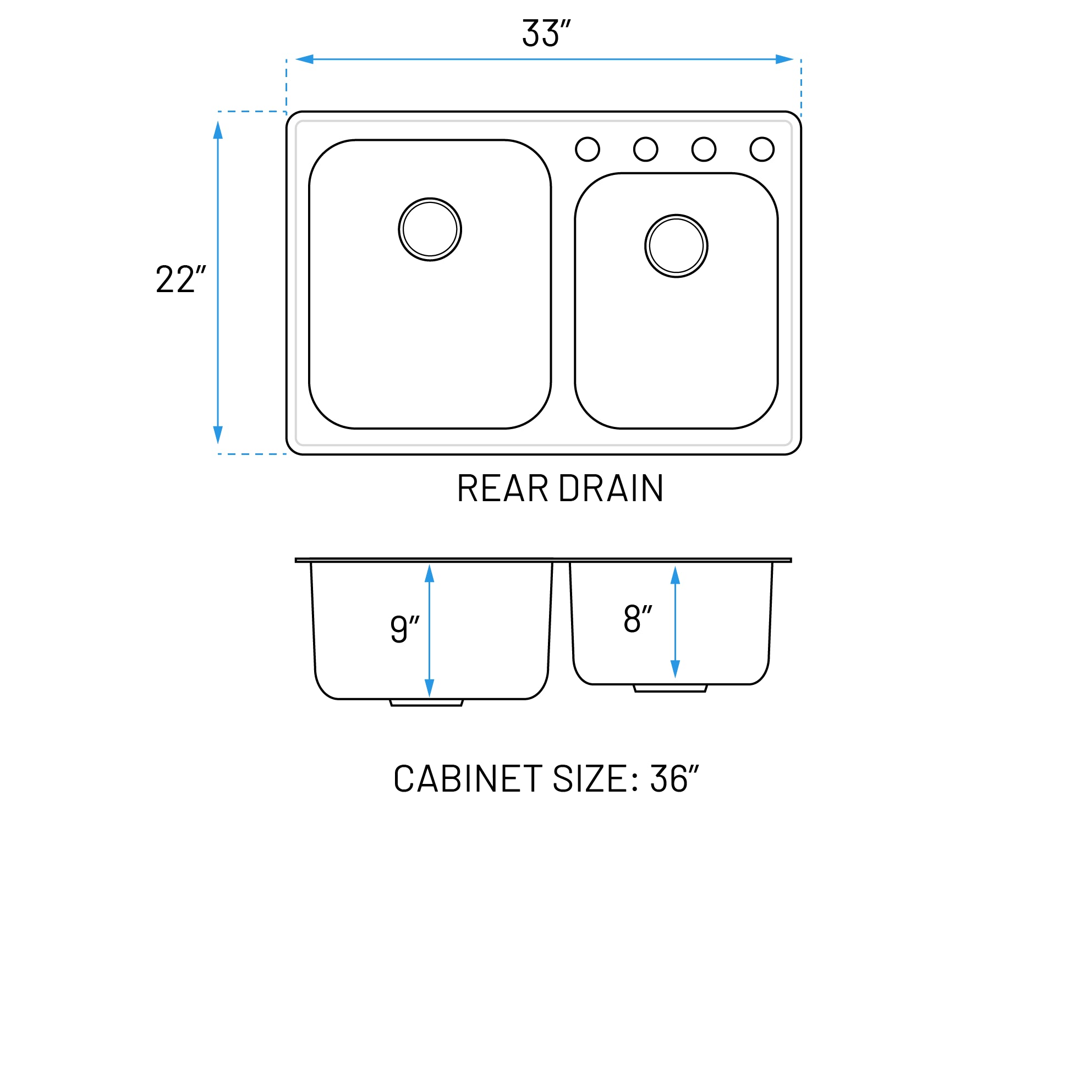 33" Top Mount Offset Double Bowl 4-Hole Stainless Steel Kitchen Sink, TOP-3322-9-D-22G