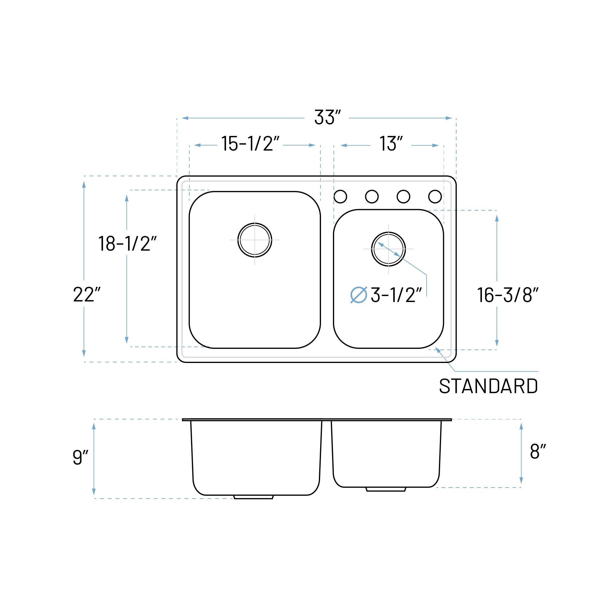 33" Top Mount Offset Double Bowl 4-Hole Stainless Steel Kitchen Sink, TOP-3322-9-D-22G
