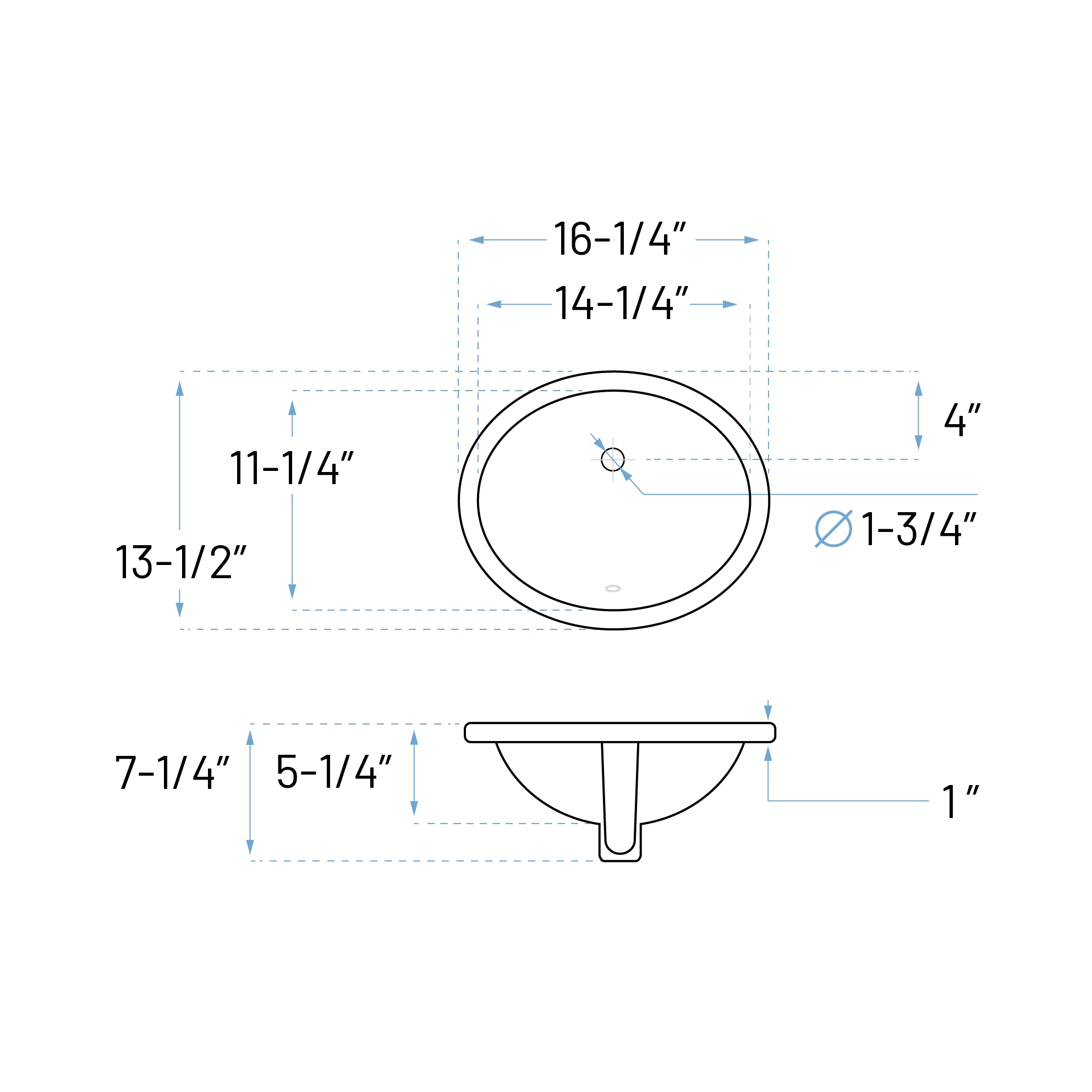 16-1/4" Oval Porcelain Undermount Bathroom Sink with Overflow Drain in White, VCS-1114-O