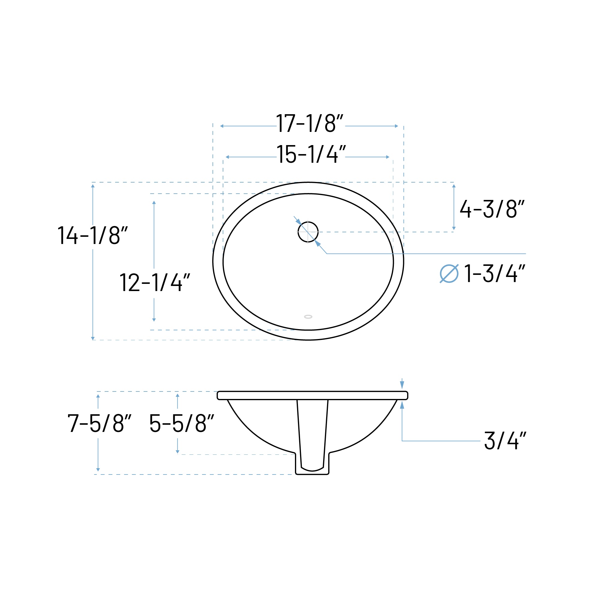17-1/8" Oval Porcelain Undermount Bathroom Sink with Overflow Drain in White, VCS-1215-O