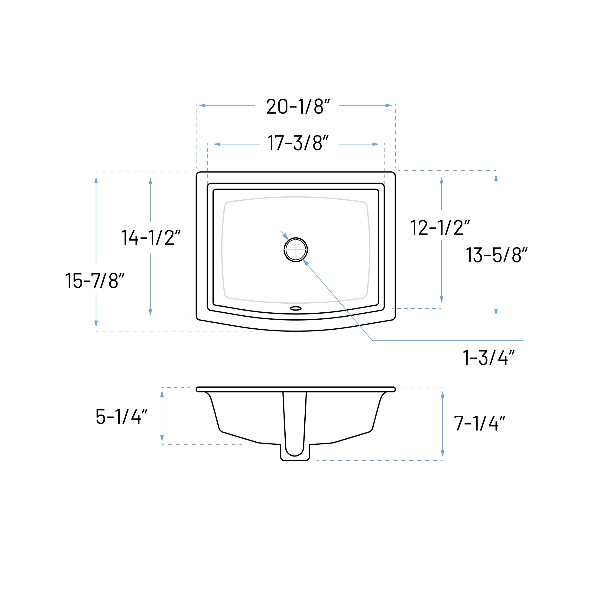 20-1/8" Rectangular Curved Front Porcelain Undermount Bathroom Sink in White, VCS-1218-A-R