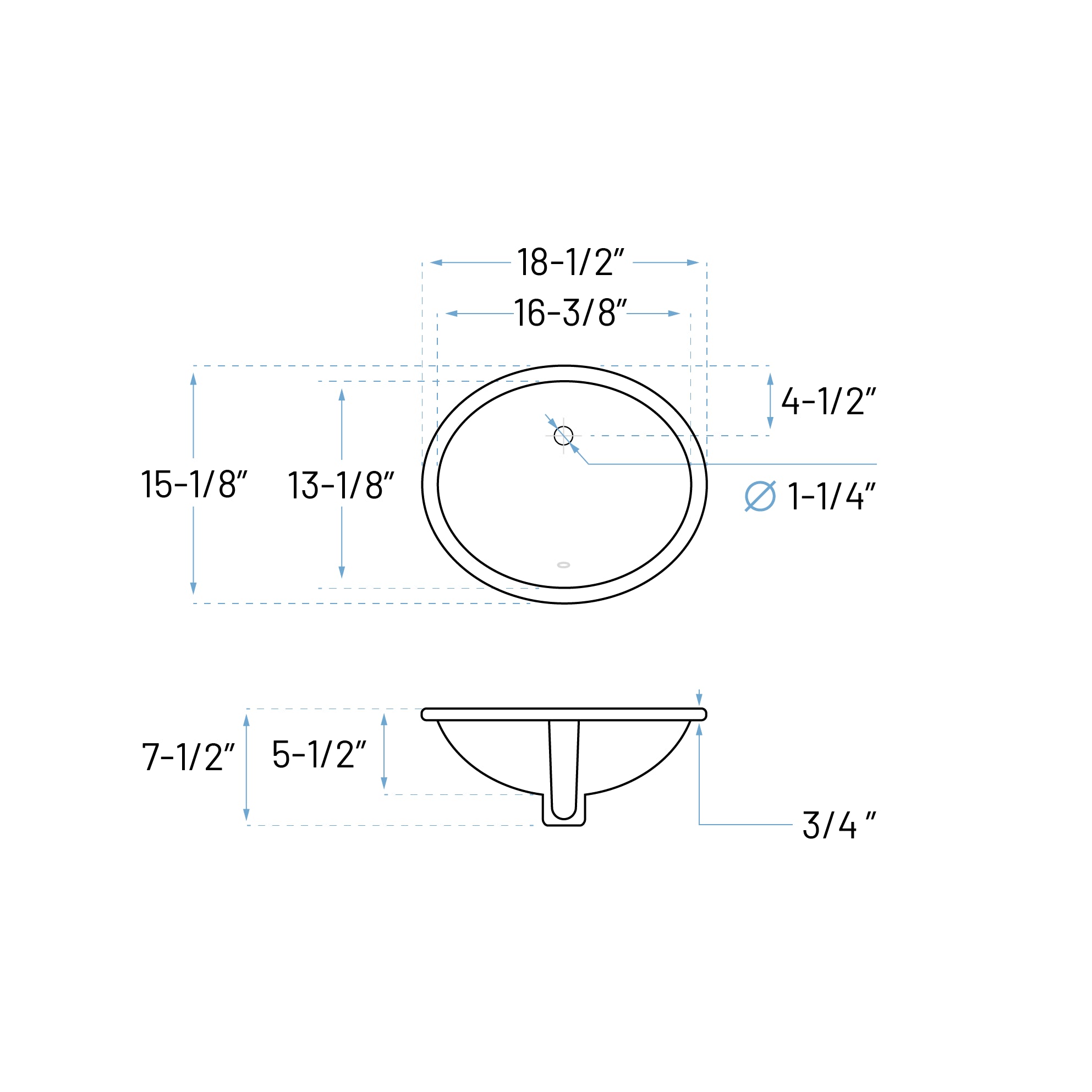 18-1/2" Oval Porcelain Undermount Bathroom Sink with Overflow Drain in White, VCS-1316-O