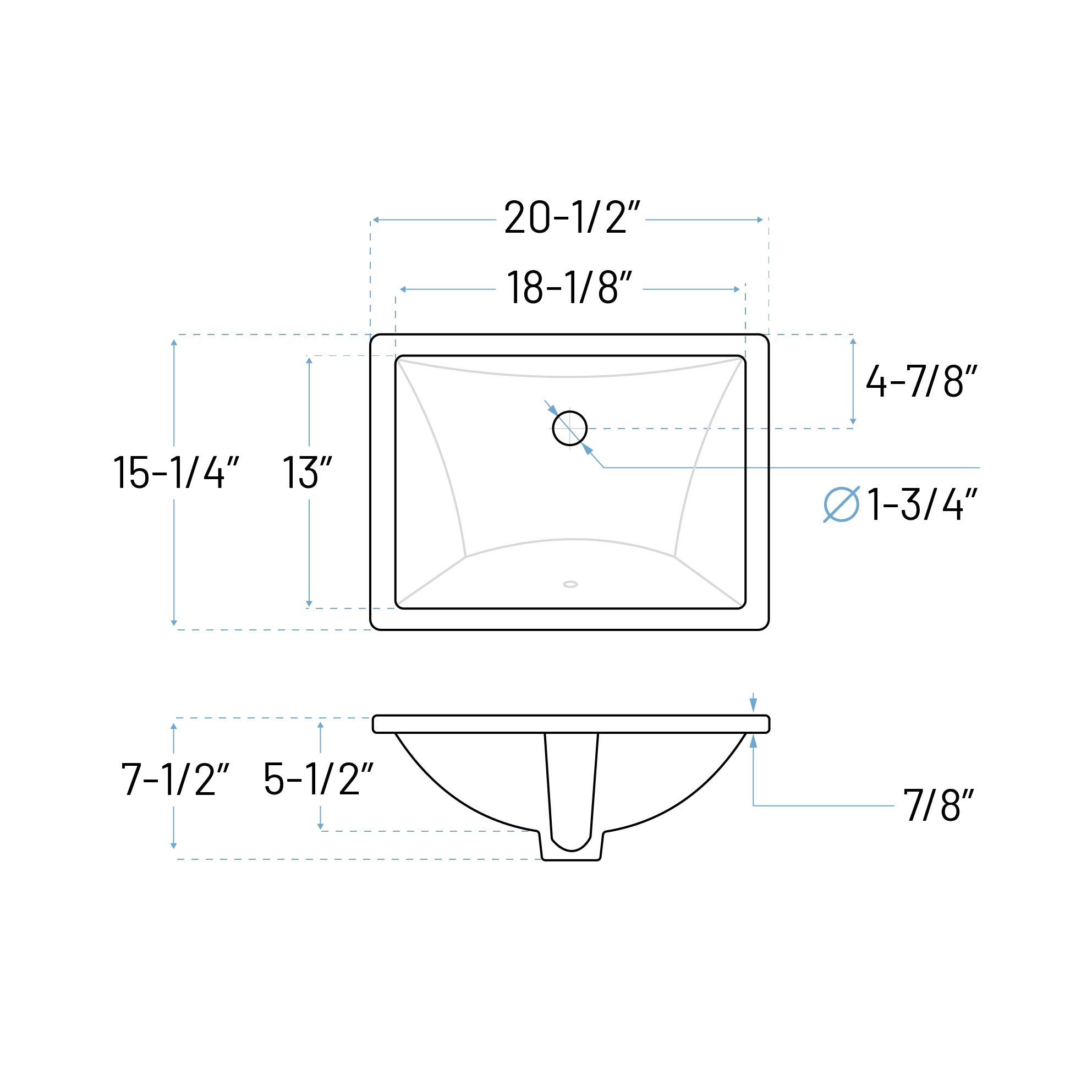 20-1/2" Rectangular Porcelain Undermount Bathroom Sink with Overflow Drain in White, VCS-1318-R