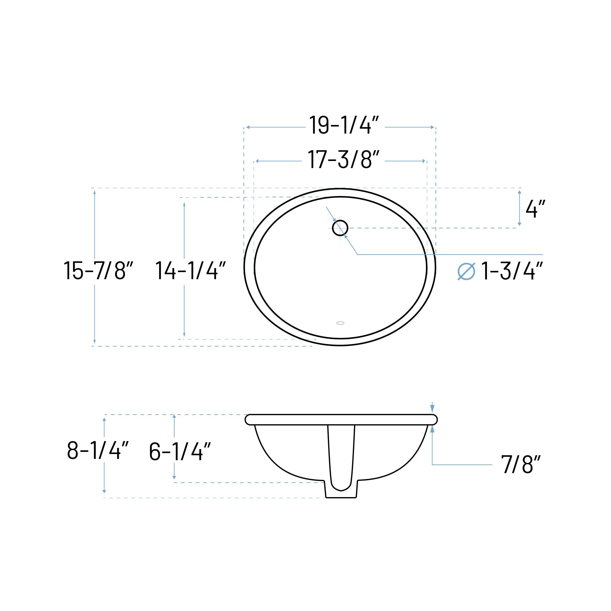 19-1/4" Oval Porcelain Undermount Bathroom Sink with Overflow Drain in White, VCS-1417-O