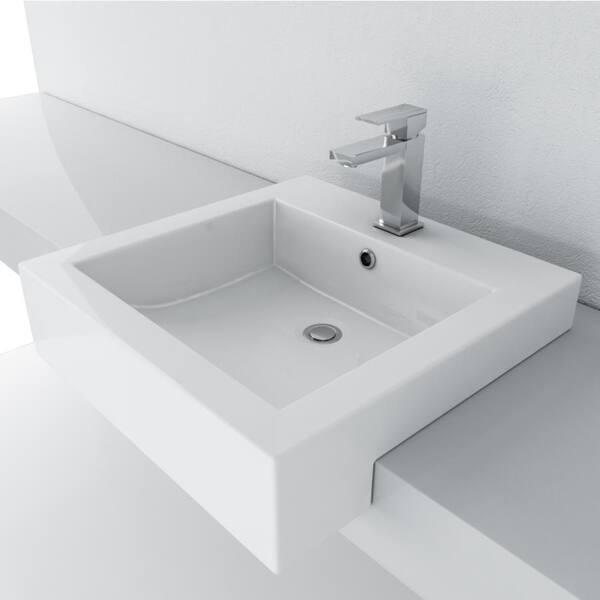 16 x 16" White Semi-Recessed Porcelain Vessel Sink with Overflow, VCS-1616-R-T