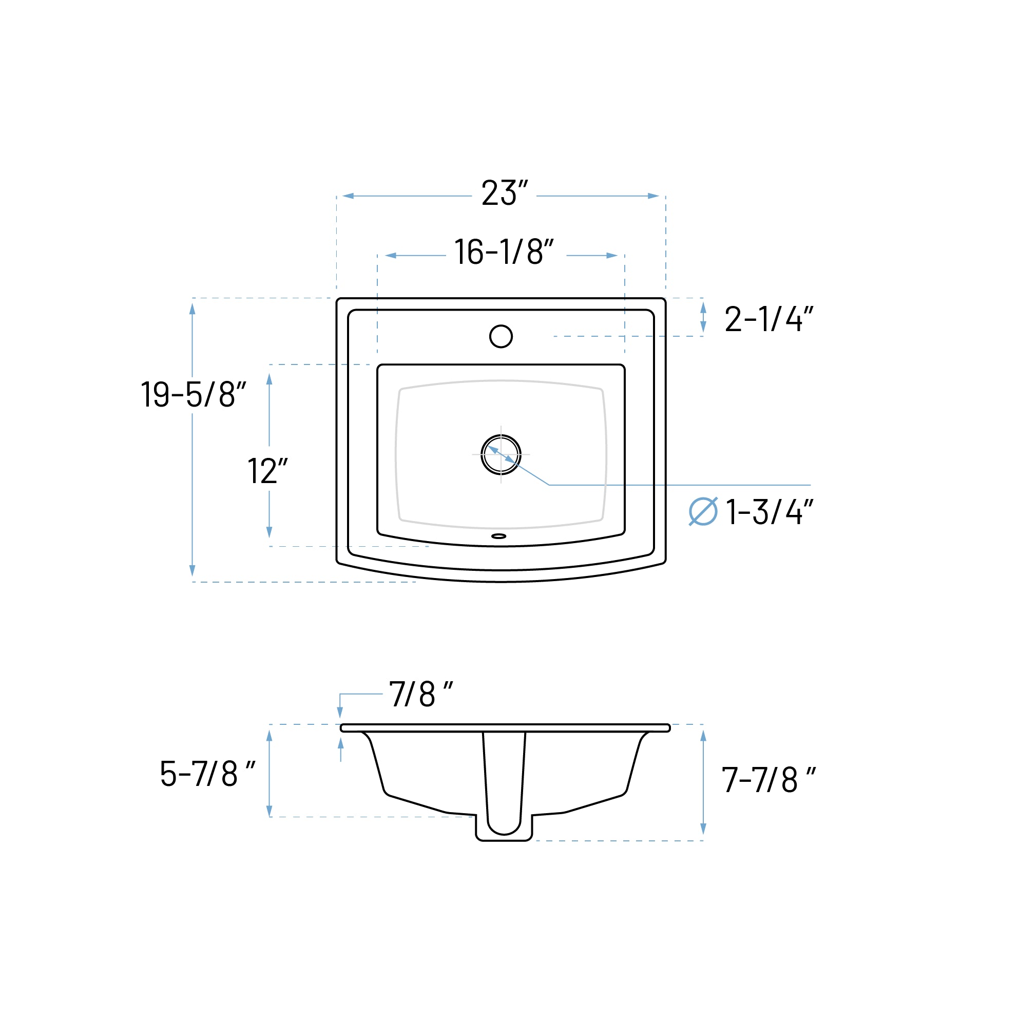 23" Rectangular Curved Front Porcelain Top Mount Bathroom Sink in White, VCS-2319-A-R-T
