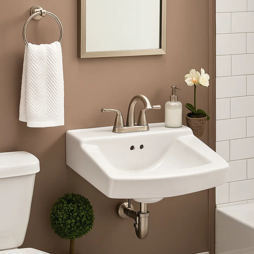 19" Rectangular Wall Mount Porcelain Bathroom Sink with Oveflow Drain in White, WMC-1918-R