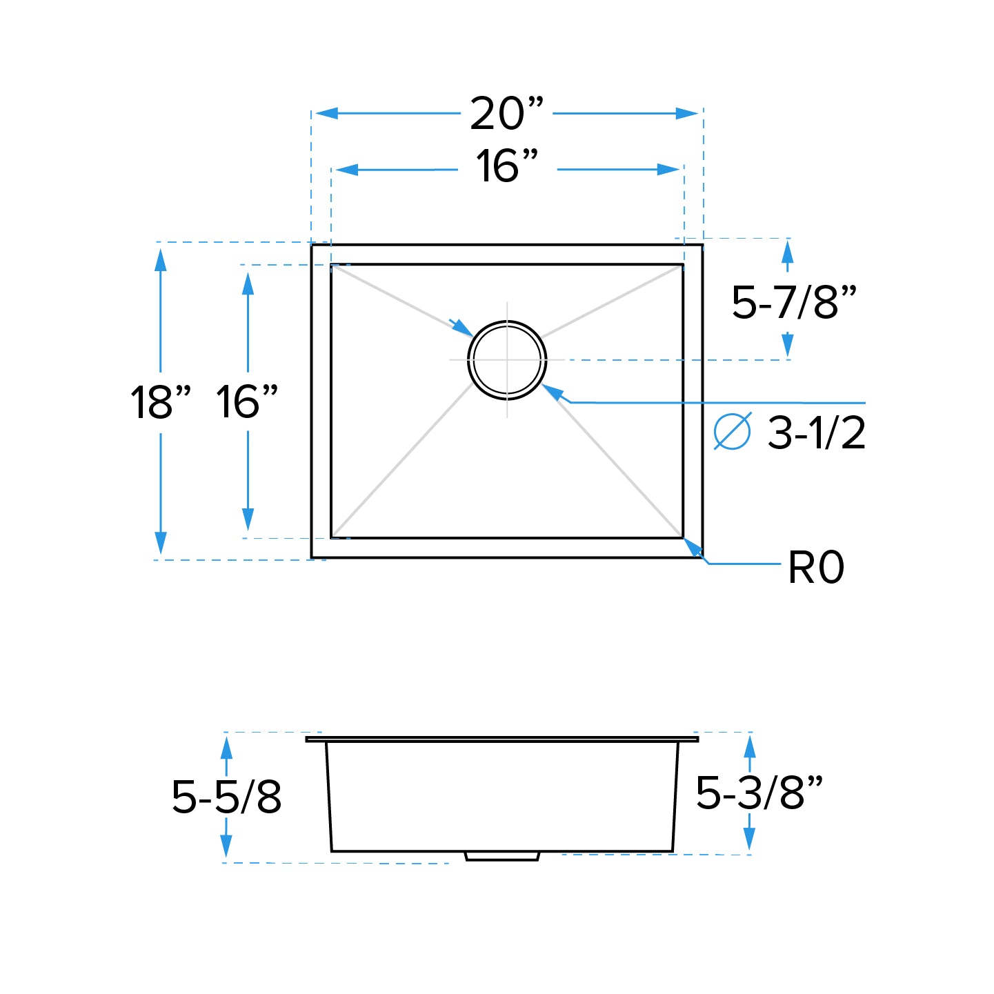 20" Undermount Stainless Steel Single Bowl ADA Kitchen Sink, ADA-KH-2016-S-R0