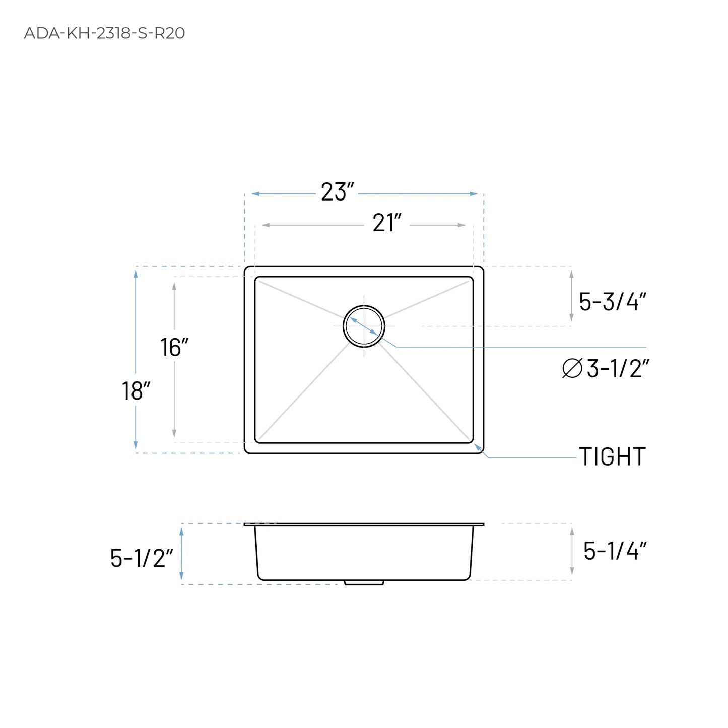 Technical drawing of an ADA Kitchen Sink