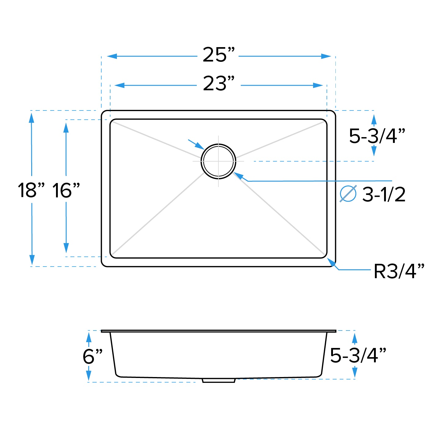 25" Undermount Stainless Steel Single Bowl ADA-Compliant Kitchen Sink, ADA-KH-2518-S-R20