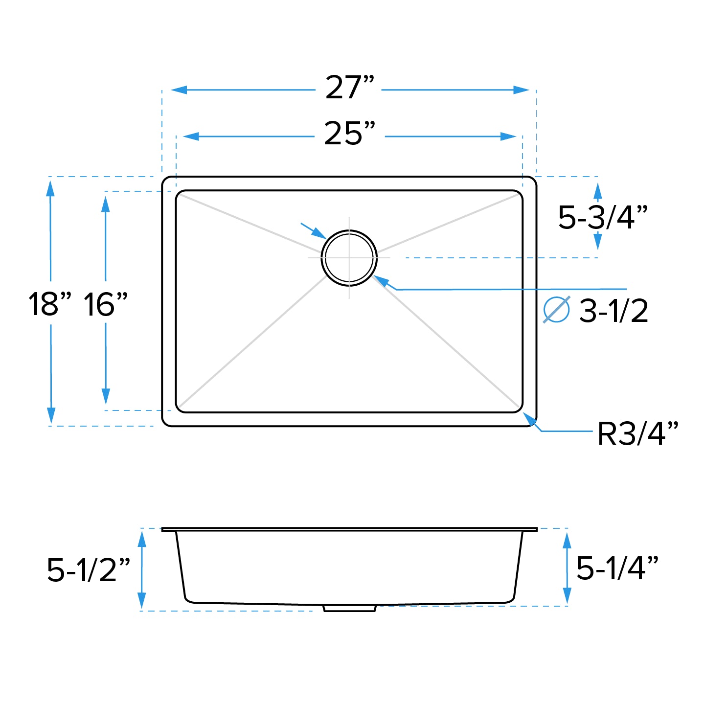 27" Undermount Stainless Steel Single Bowl ADA-Compliant Kitchen Sink, ADA-KH-2718-S-R20