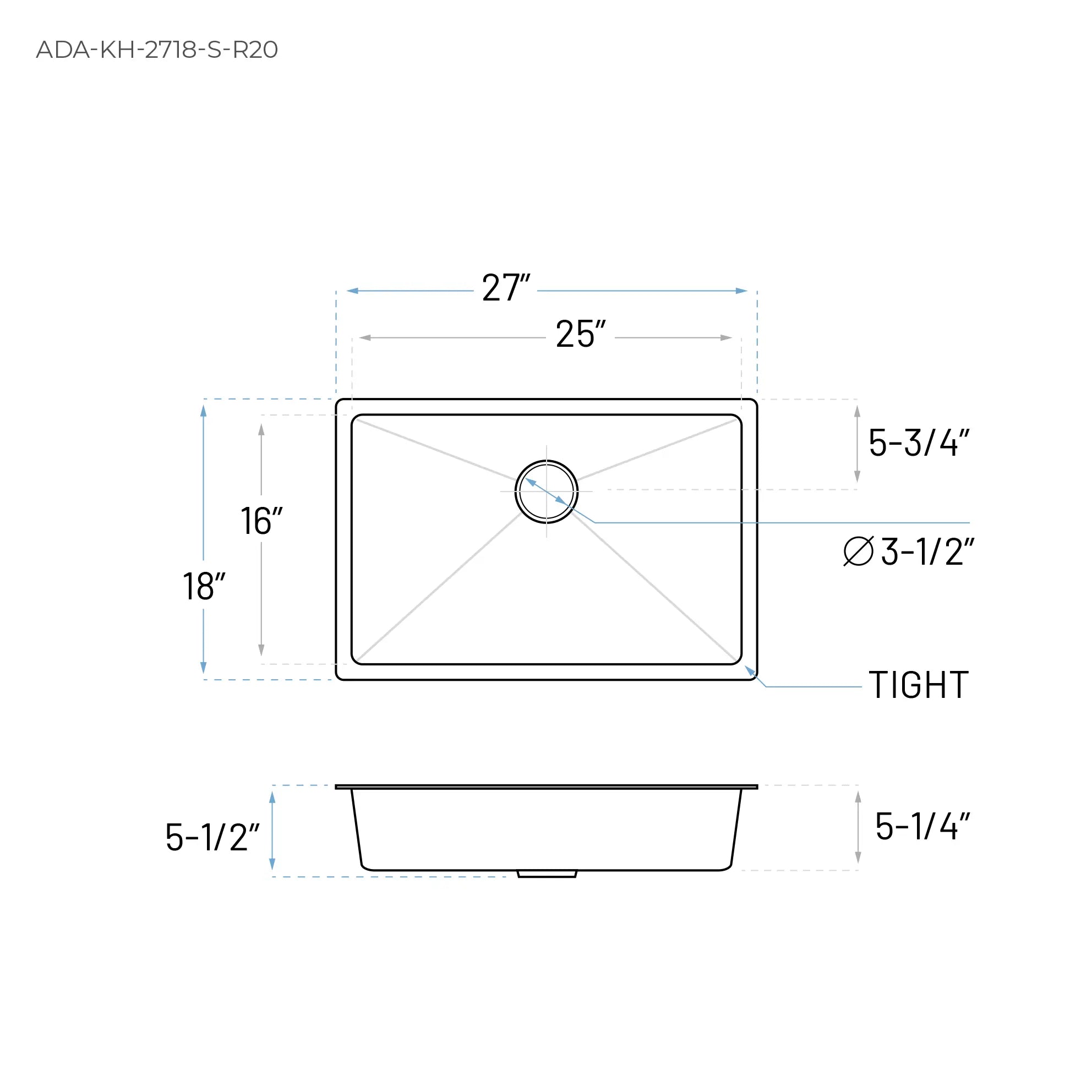 27" Undermount Stainless Steel Single Bowl ADA Kitchen Sink