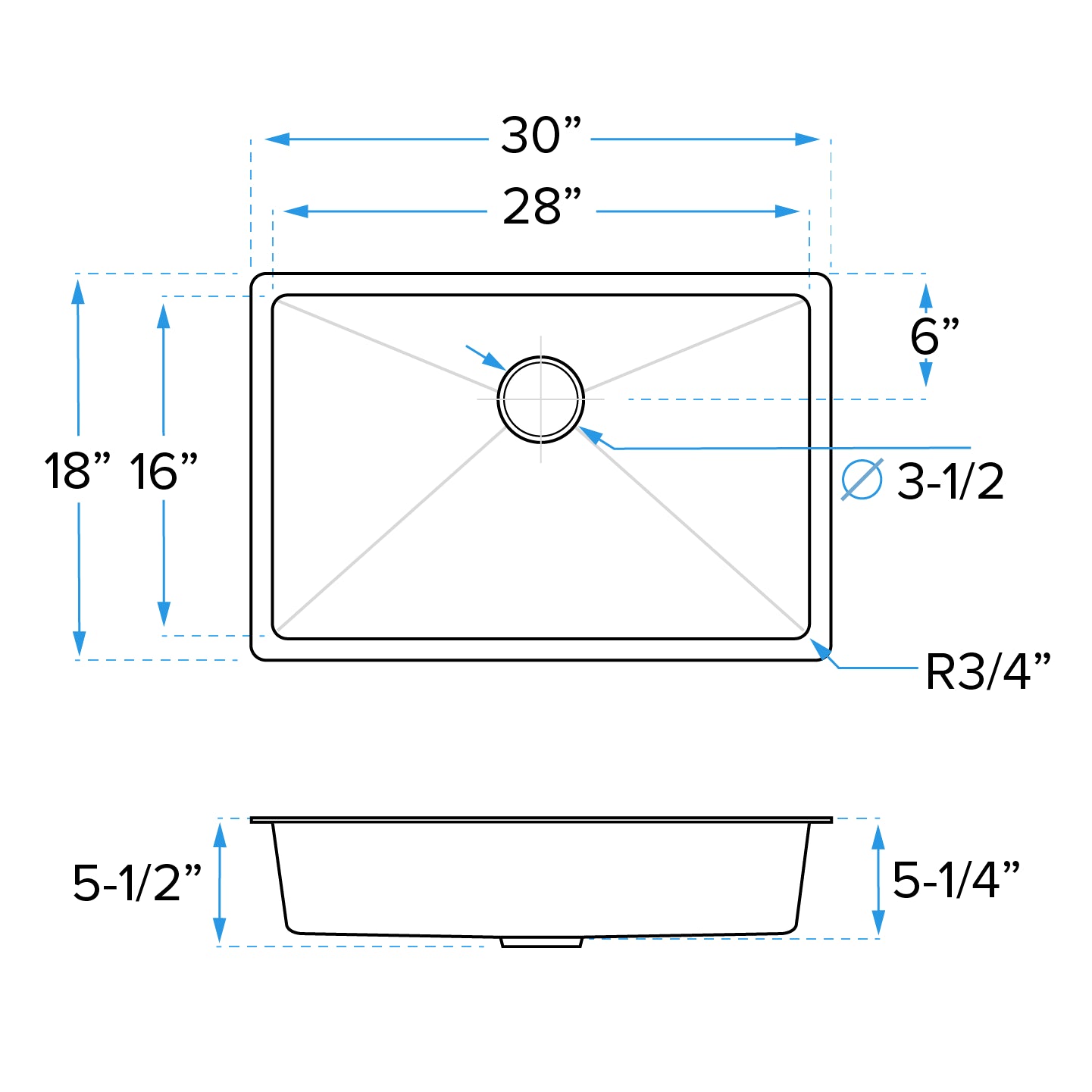 30" Undermount Stainless Steel Single Bowl ADA-Compliant Kitchen Sink, ADA-KH-3018-S-R20