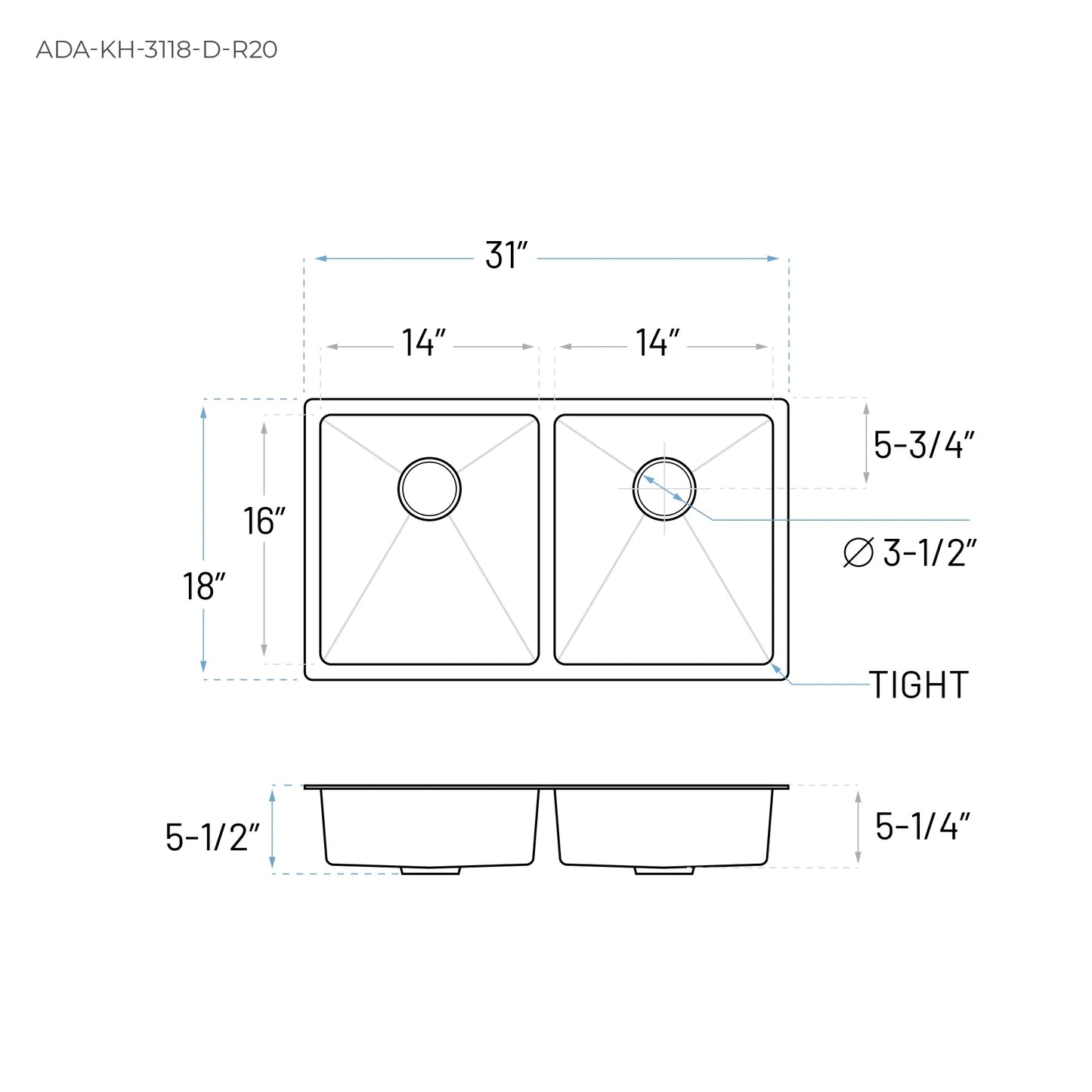 Technical Drawing of a Double Bowl ADA Kitchen Sink