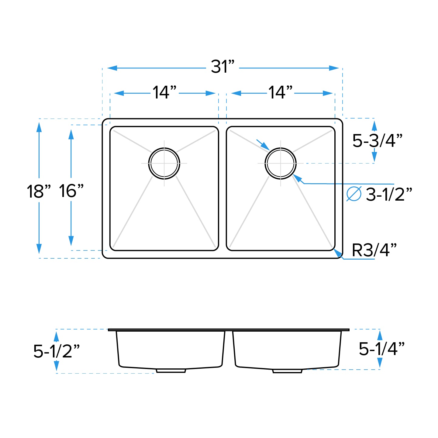 31" Undermount Double Bowl Stainless Steel ADA-Compliant Kitchen Sink, ADA-KH-3118-D-R20