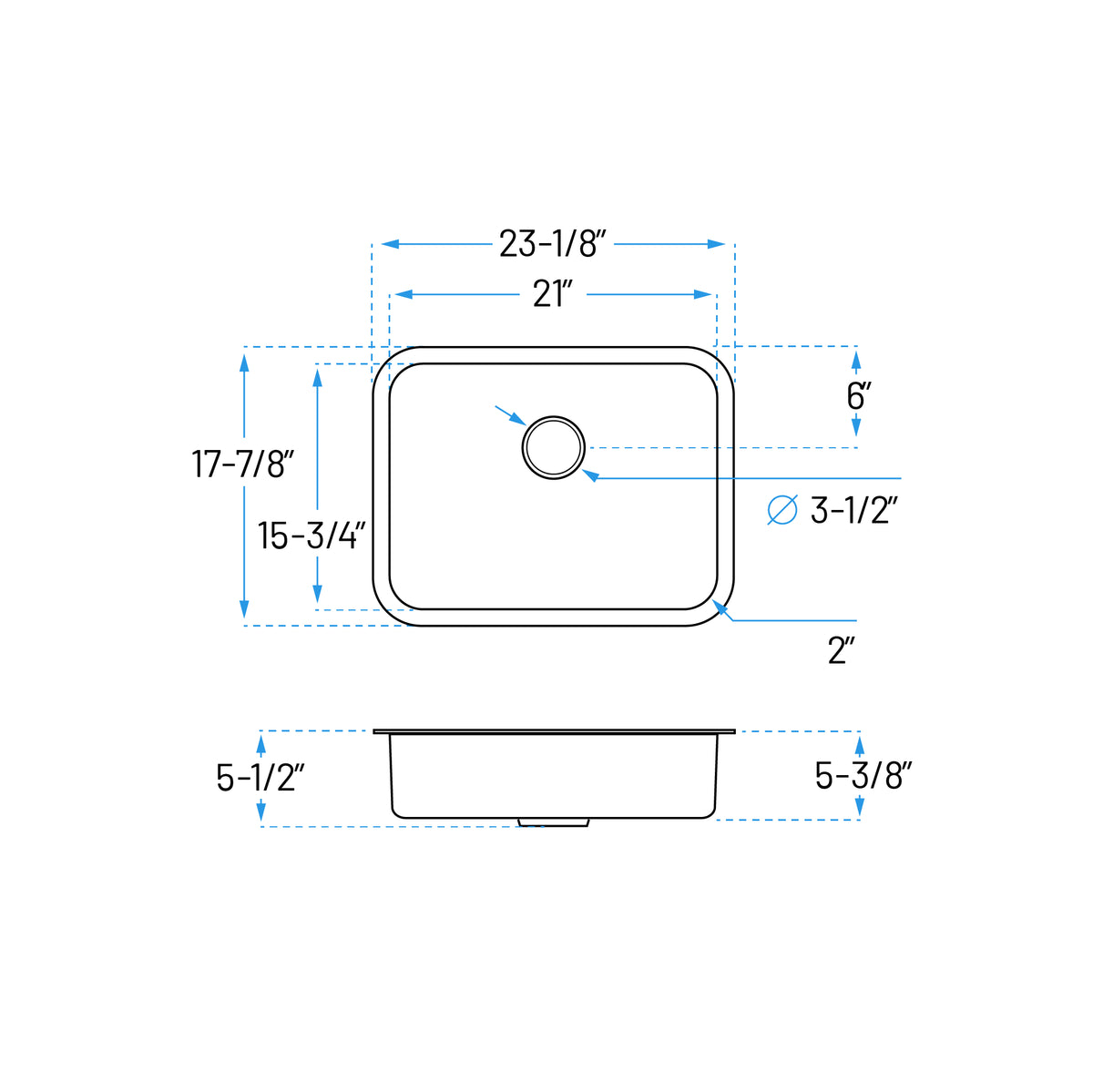 23" ADA Undermount Stainless Steel Kitchen Sink with 2" Radius Corners