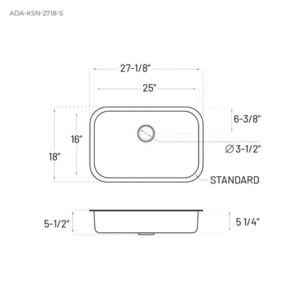 ADA-KSN-2718-S Single Bowl Undermount Kitchen Sink