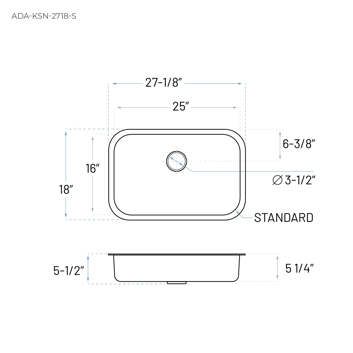Technical Drawing of an ADA stainless steel kitchen sink 