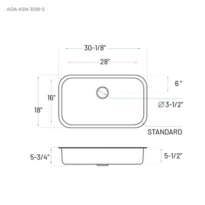 ADA-KSN-3018-S Single Bowl Undermount Sink