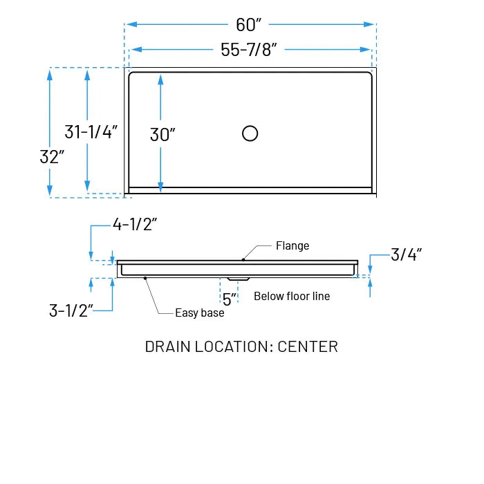60" x 32" ADA Roll-In Anti-Slip Acrylic Shower Base with Low Threshold, ADA-SP-6032-10