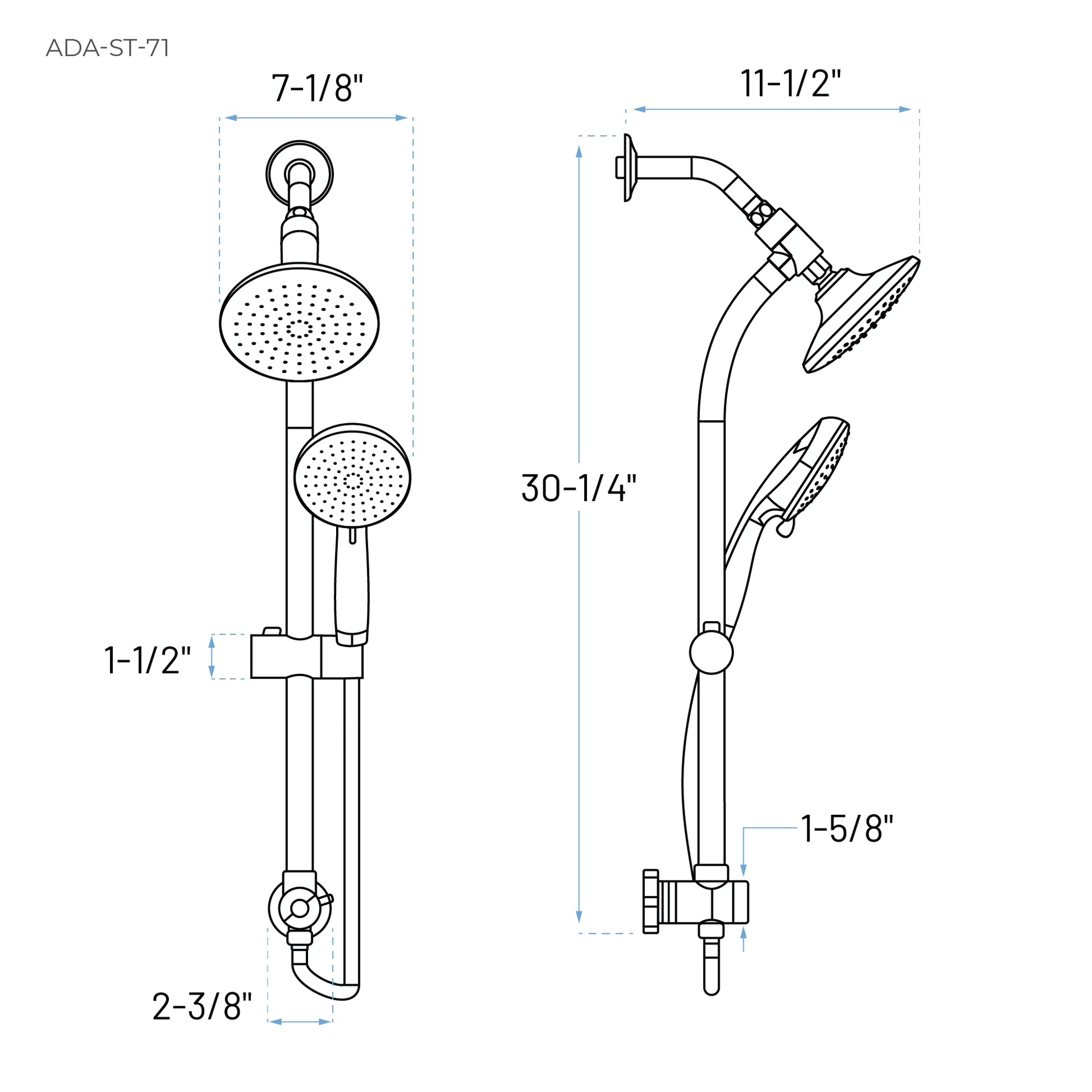 Technical Drawing of a Multi Function Dual Shower Head with Slide Bar