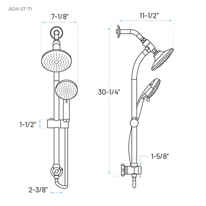 Technical Drawing of a Multi Function Dual Shower Head with Slide Bar
